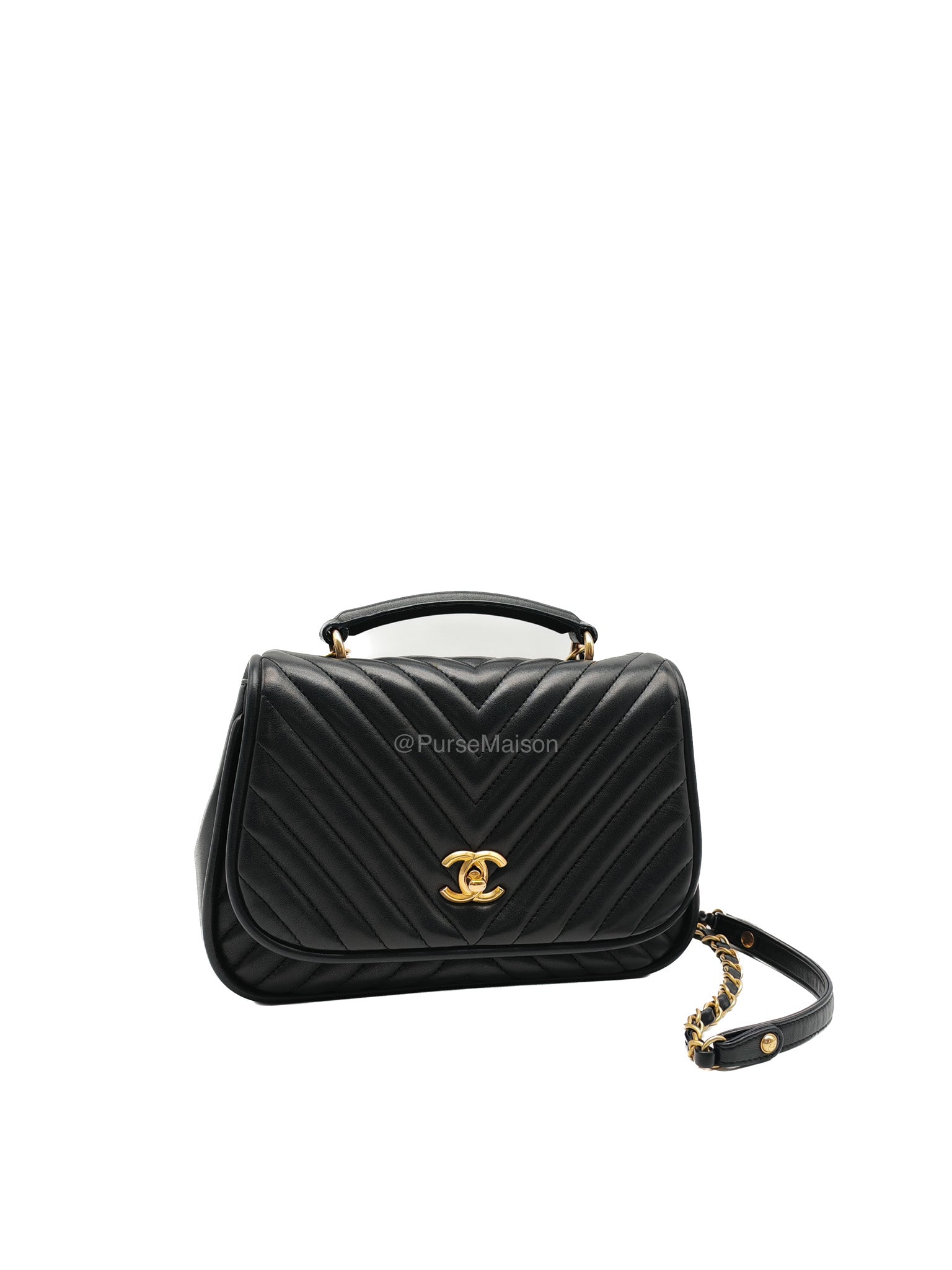 Chanel Reverse Chevron Top Handle Flap Bag in Black Quilted Lambskin Leather and Aged Gold Hardware Series 24 | Purse Maison Luxury Bags Shop
