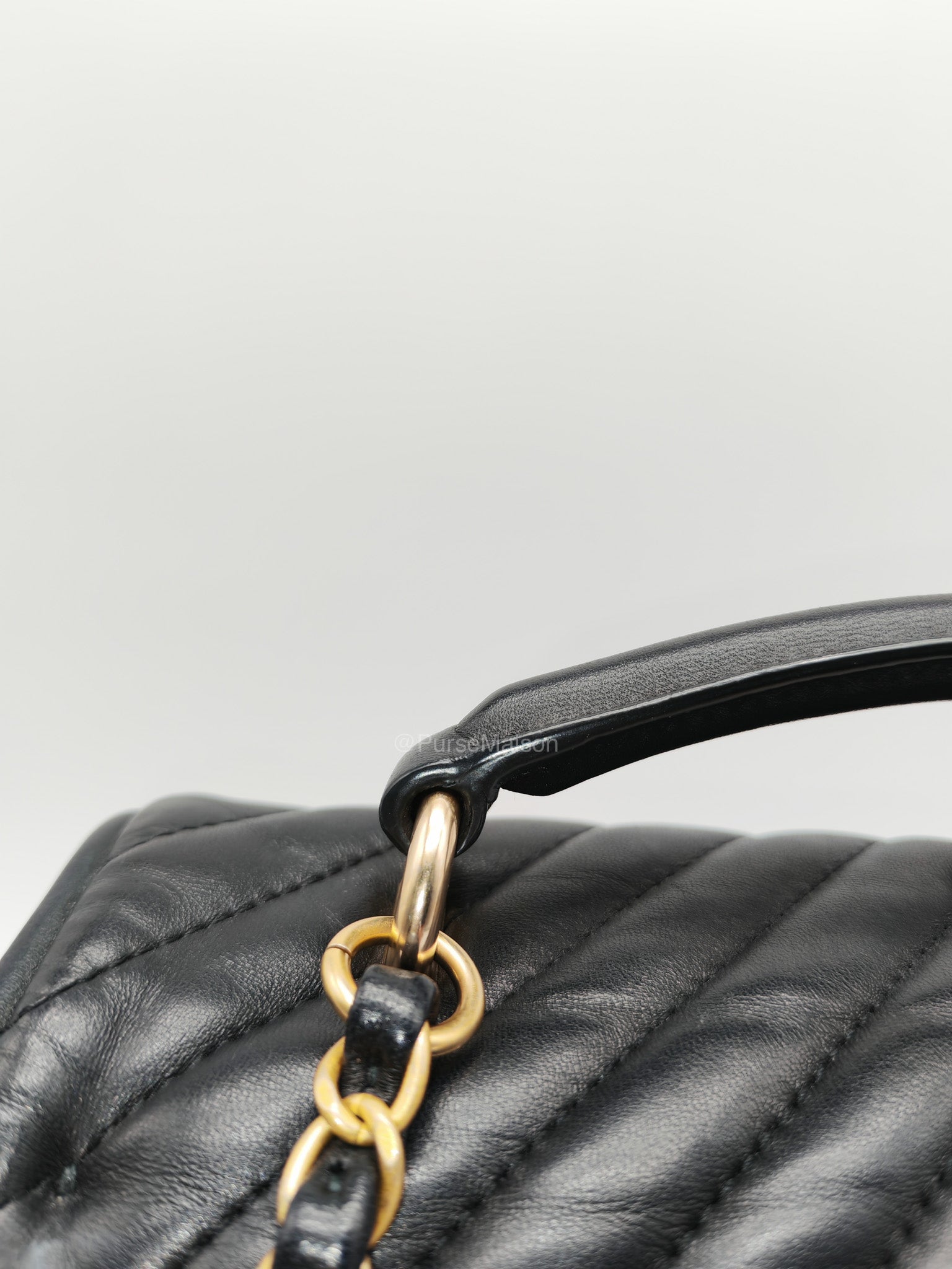 Chanel Reverse Chevron Top Handle Flap Bag in Black Quilted Lambskin Leather and Aged Gold Hardware Series 24 | Purse Maison Luxury Bags Shop