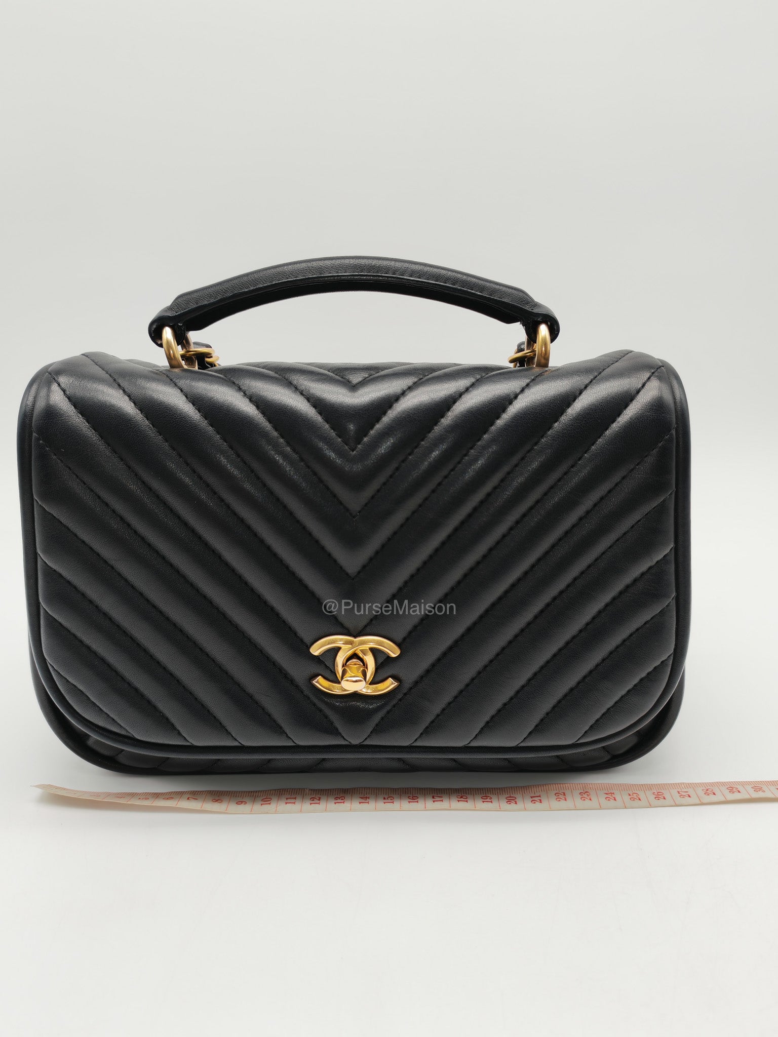 Chanel Reverse Chevron Top Handle Flap Bag in Black Quilted Lambskin Leather and Aged Gold Hardware Series 24 | Purse Maison Luxury Bags Shop