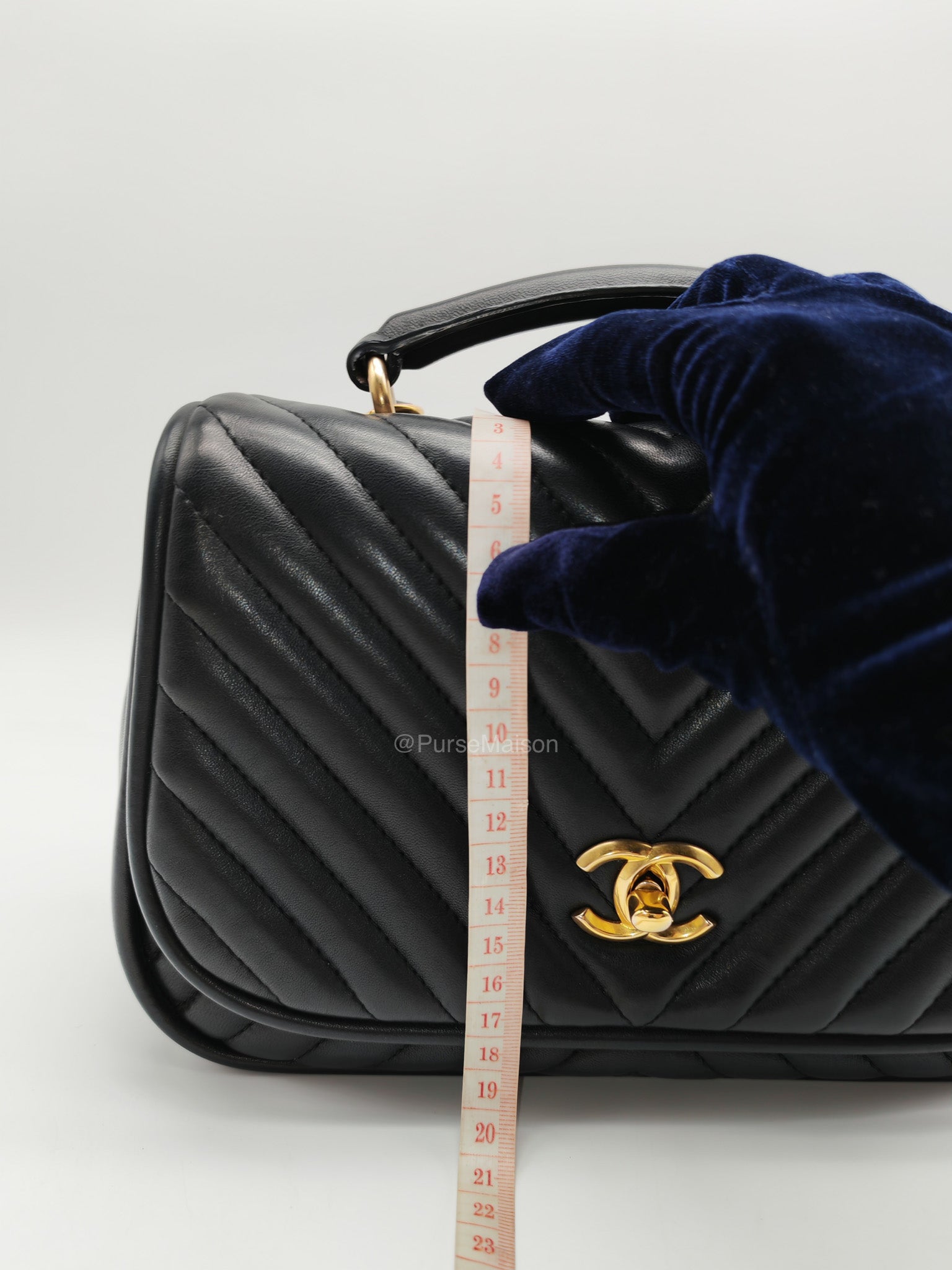 Chanel Reverse Chevron Top Handle Flap Bag in Black Quilted Lambskin Leather and Aged Gold Hardware Series 24 | Purse Maison Luxury Bags Shop