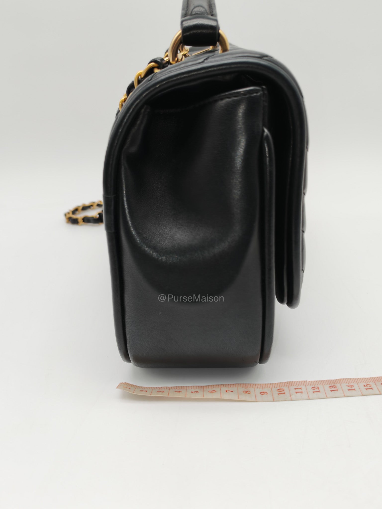 Chanel Reverse Chevron Top Handle Flap Bag in Black Quilted Lambskin Leather and Aged Gold Hardware Series 24 | Purse Maison Luxury Bags Shop