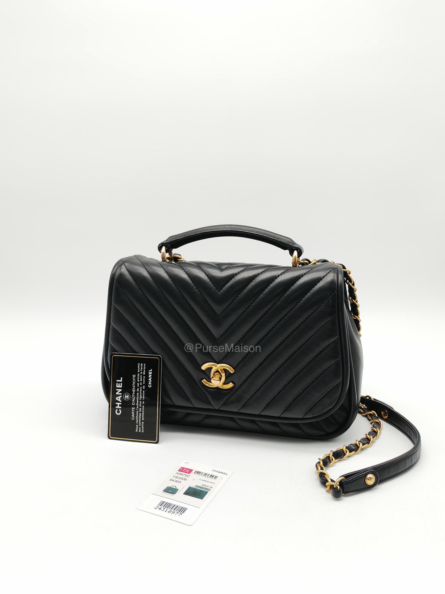 Chanel Reverse Chevron Top Handle Flap Bag in Black Quilted Lambskin Leather and Aged Gold Hardware Series 24 | Purse Maison Luxury Bags Shop