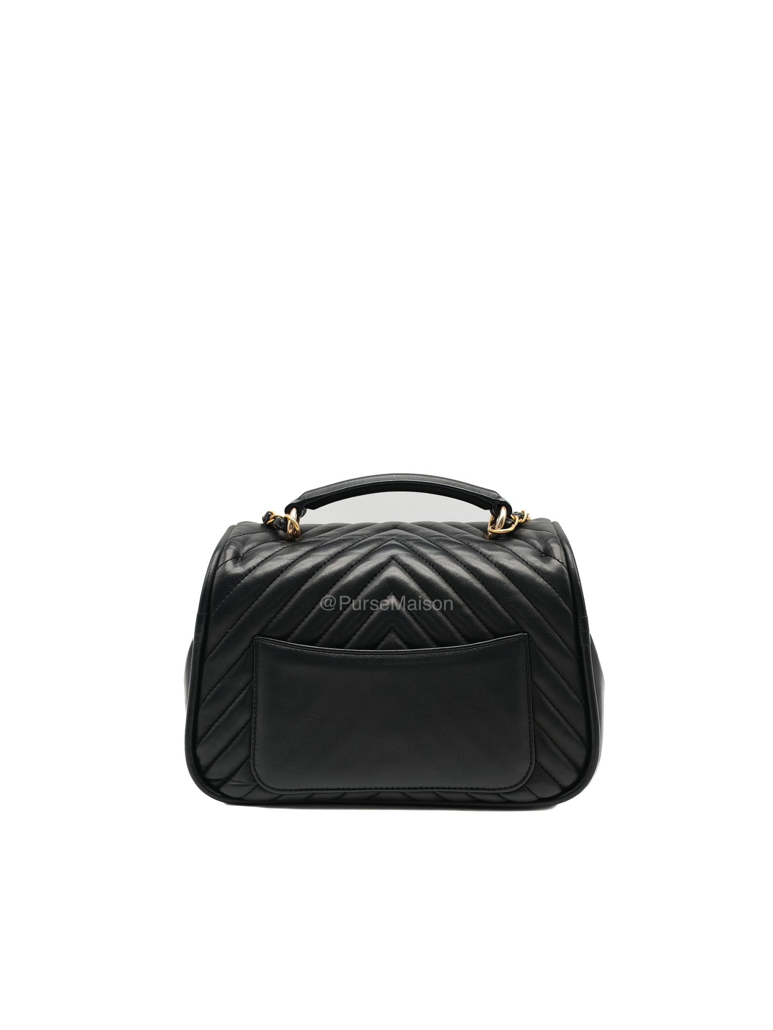 Chanel Reverse Chevron Top Handle Flap Bag in Black Quilted Lambskin Leather and Aged Gold Hardware Series 24 | Purse Maison Luxury Bags Shop