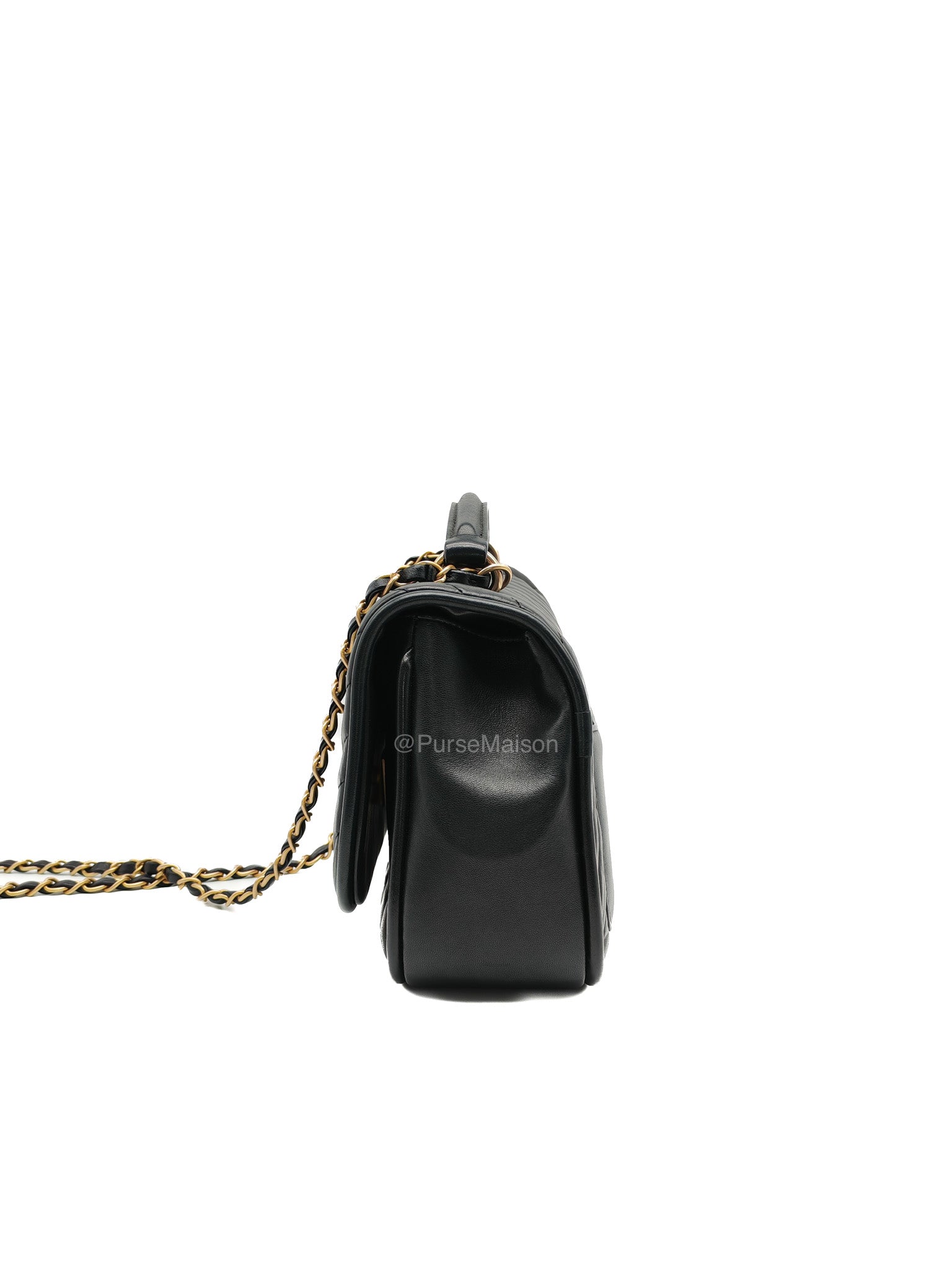 Chanel Reverse Chevron Top Handle Flap Bag in Black Quilted Lambskin Leather and Aged Gold Hardware Series 24 | Purse Maison Luxury Bags Shop