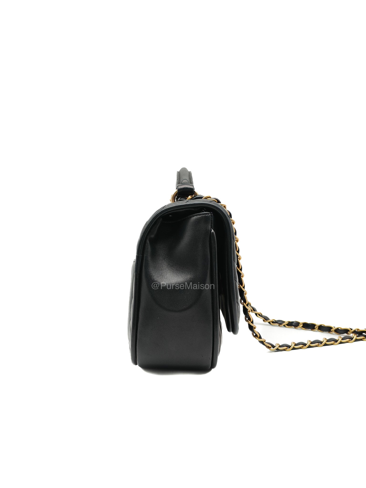 Chanel Reverse Chevron Top Handle Flap Bag in Black Quilted Lambskin Leather and Aged Gold Hardware Series 24 | Purse Maison Luxury Bags Shop