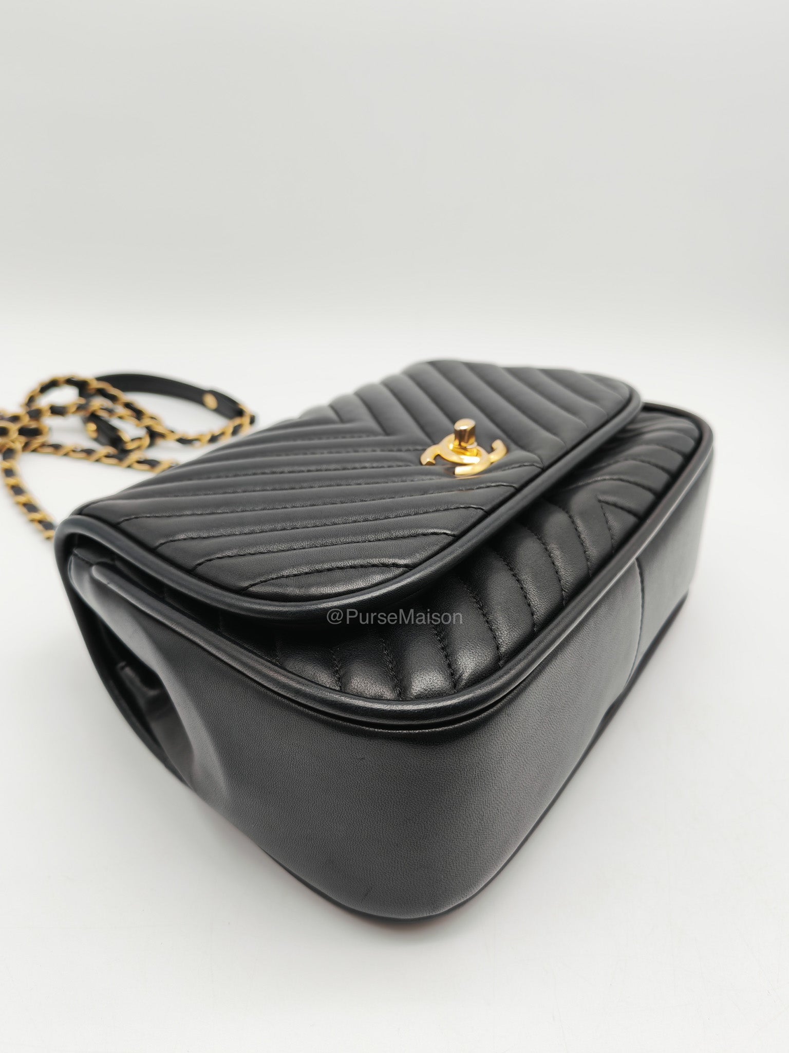 Chanel Reverse Chevron Top Handle Flap Bag in Black Quilted Lambskin Leather and Aged Gold Hardware Series 24 | Purse Maison Luxury Bags Shop