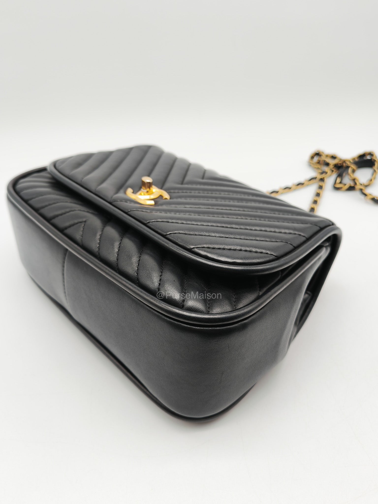 Chanel Reverse Chevron Top Handle Flap Bag in Black Quilted Lambskin Leather and Aged Gold Hardware Series 24 | Purse Maison Luxury Bags Shop