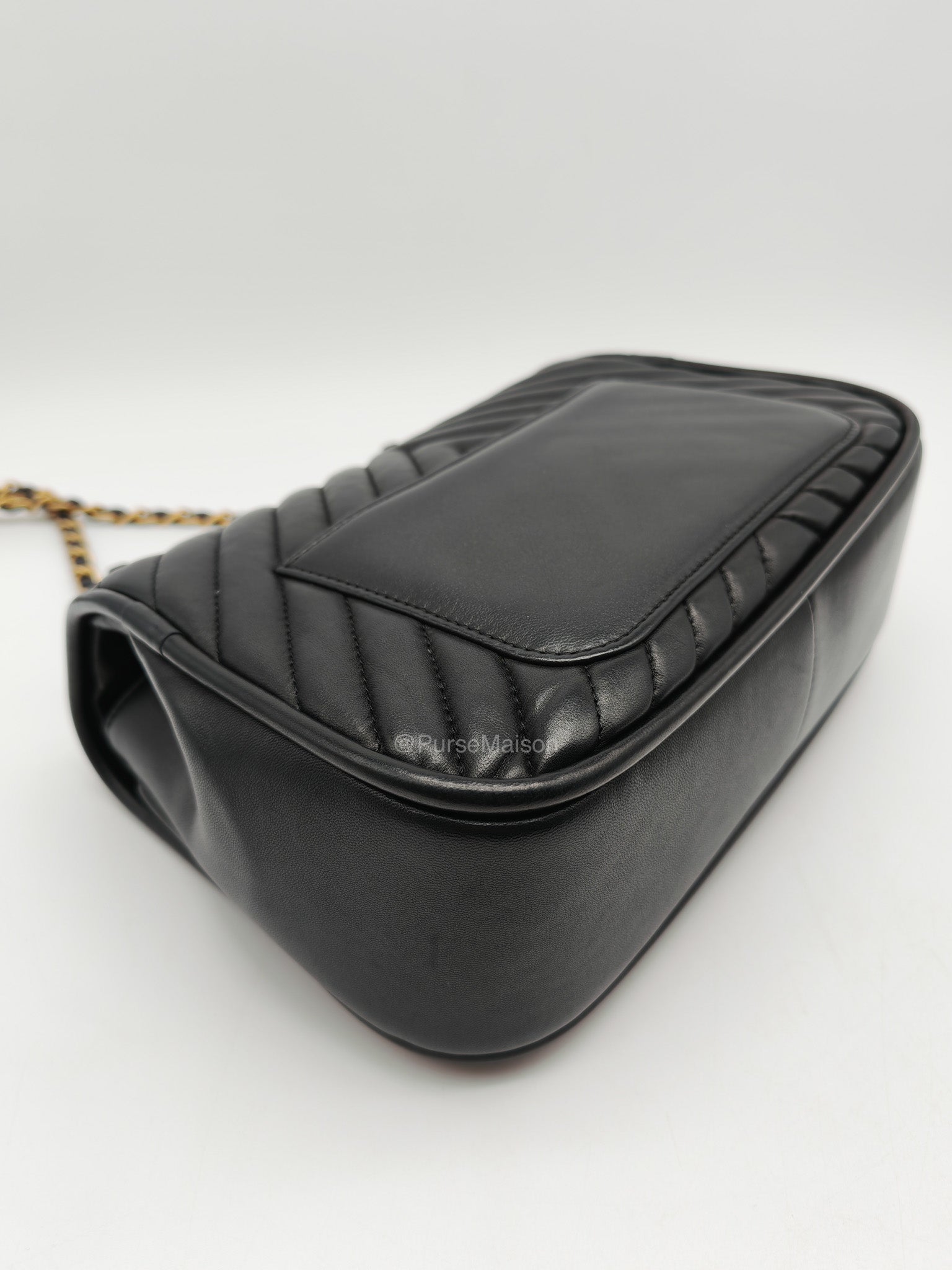 Chanel Reverse Chevron Top Handle Flap Bag in Black Quilted Lambskin Leather and Aged Gold Hardware Series 24 | Purse Maison Luxury Bags Shop