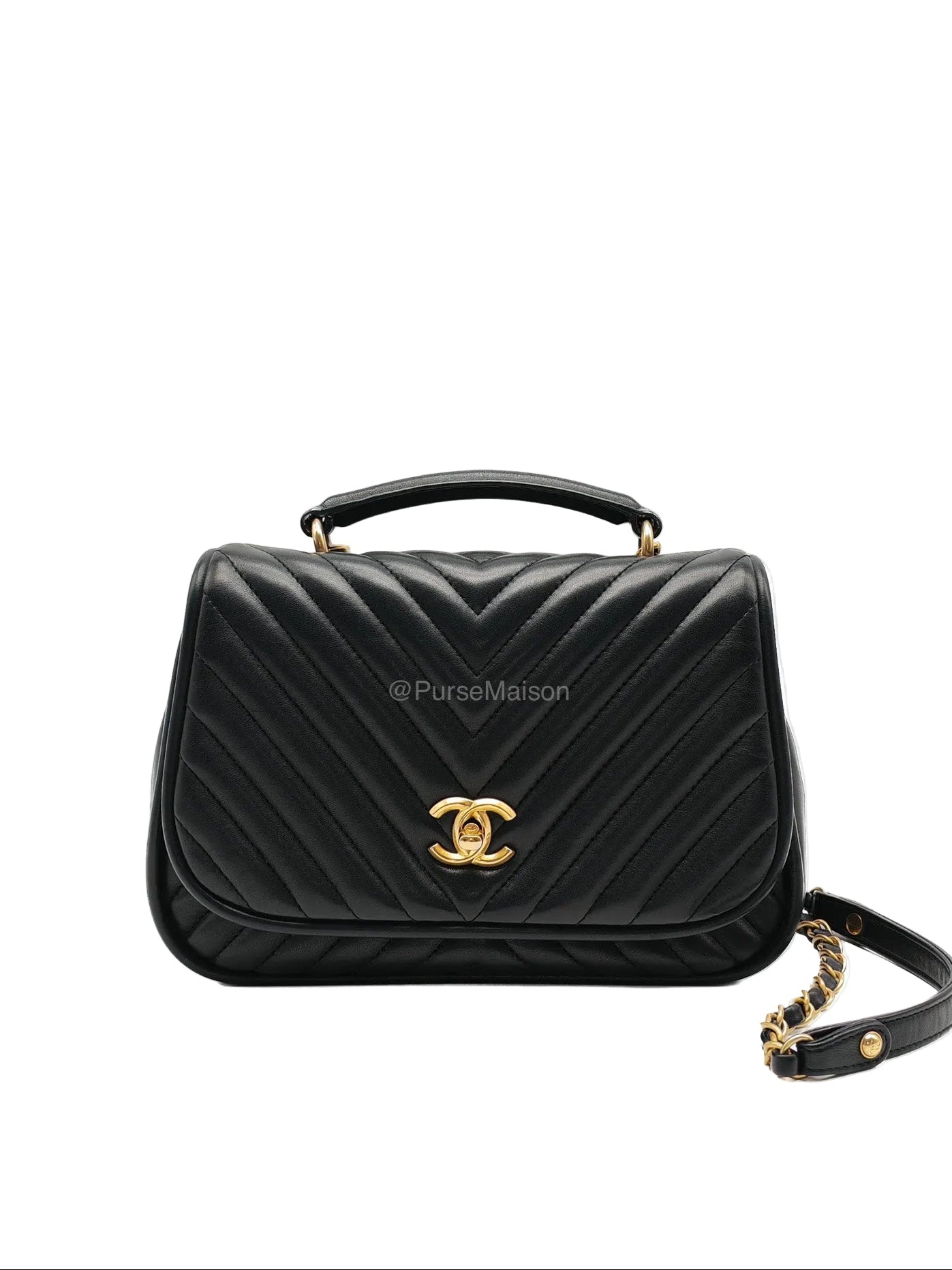 Chanel Reverse Chevron Top Handle Flap Bag in Black Quilted Lambskin Leather and Aged Gold Hardware Series 24 | Purse Maison Luxury Bags Shop