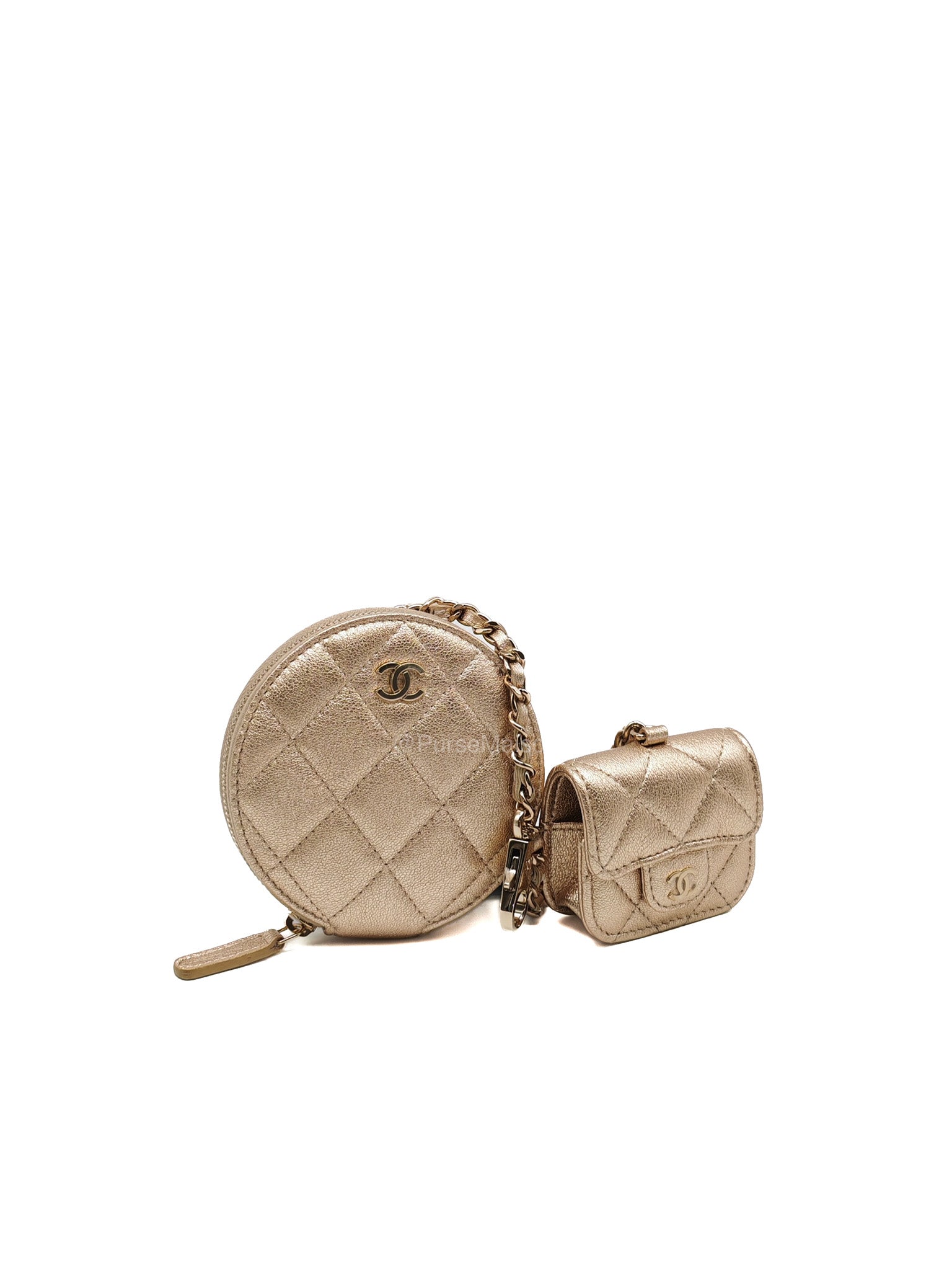 Chanel Round Clip-on Coin Purse and Airpods Case Set in Metallic Gold Quilted Lambskin Leather and Light Gold Hardware Microchip | Purse Maison Luxury Bags Shop