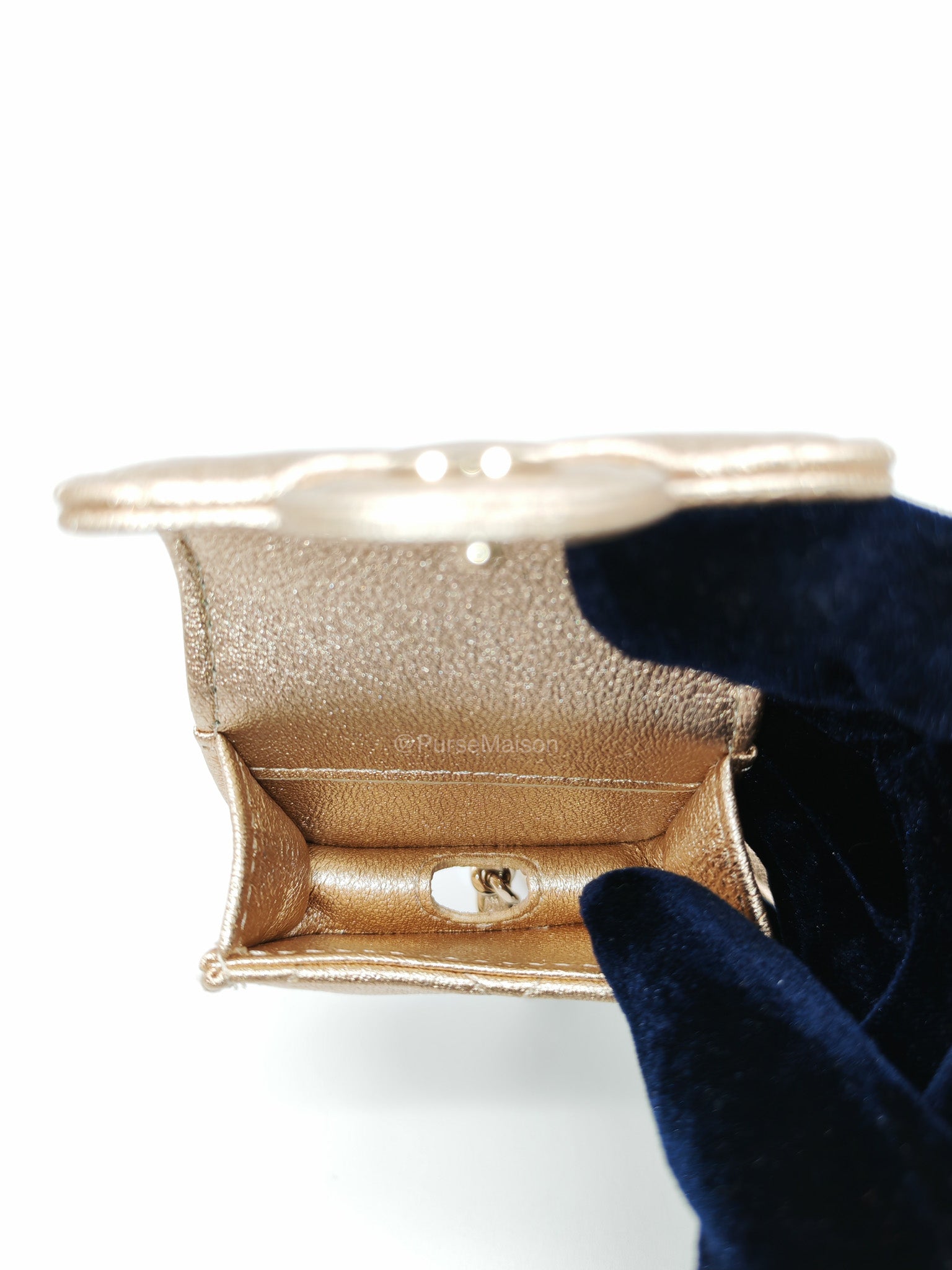 Chanel Round Clip-on Coin Purse and Airpods Case Set in Metallic Gold Quilted Lambskin Leather and Light Gold Hardware Microchip | Purse Maison Luxury Bags Shop