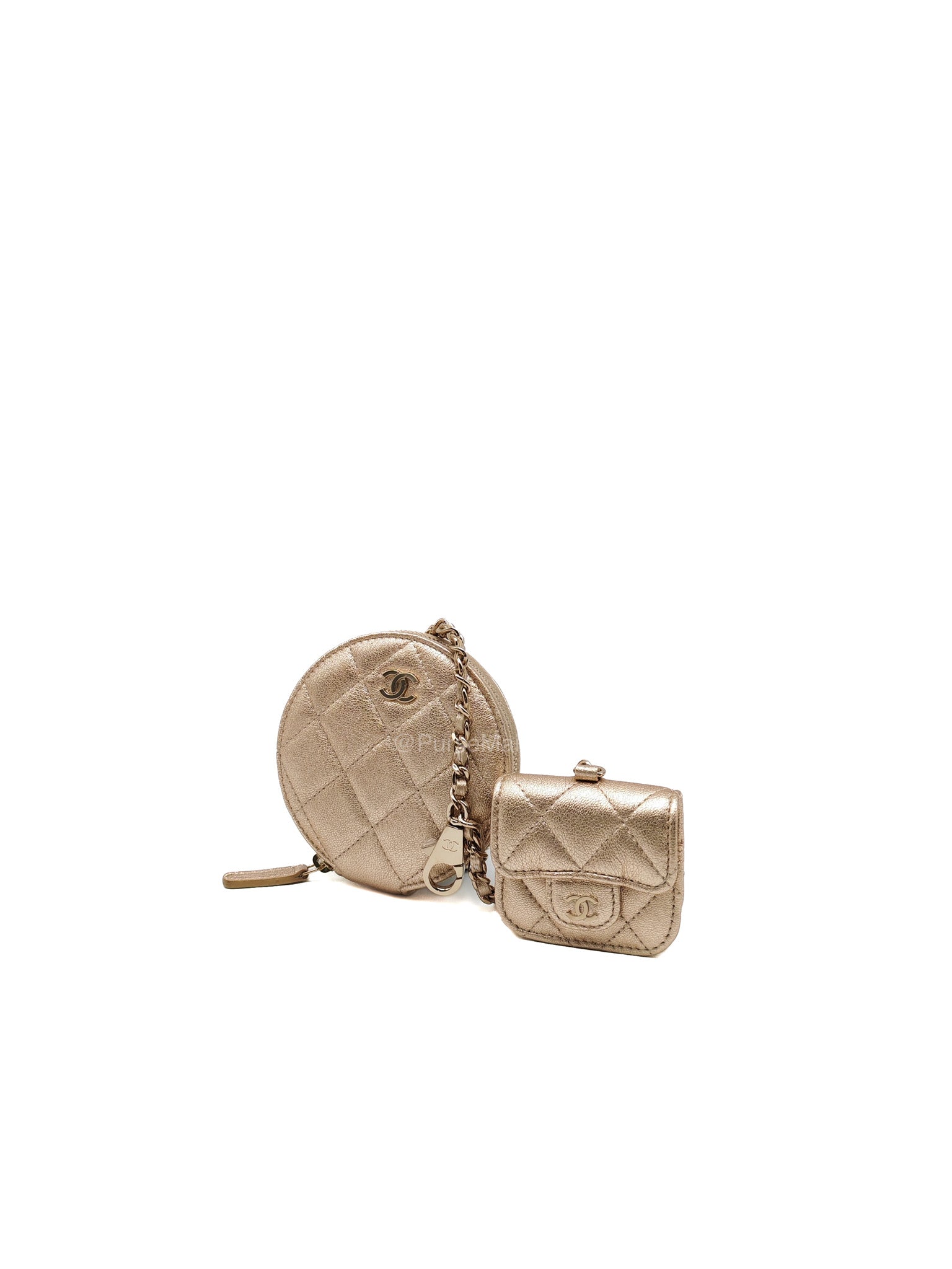 Chanel Round Clip-on Coin Purse and Airpods Case Set in Metallic Gold Quilted Lambskin Leather and Light Gold Hardware Microchip | Purse Maison Luxury Bags Shop