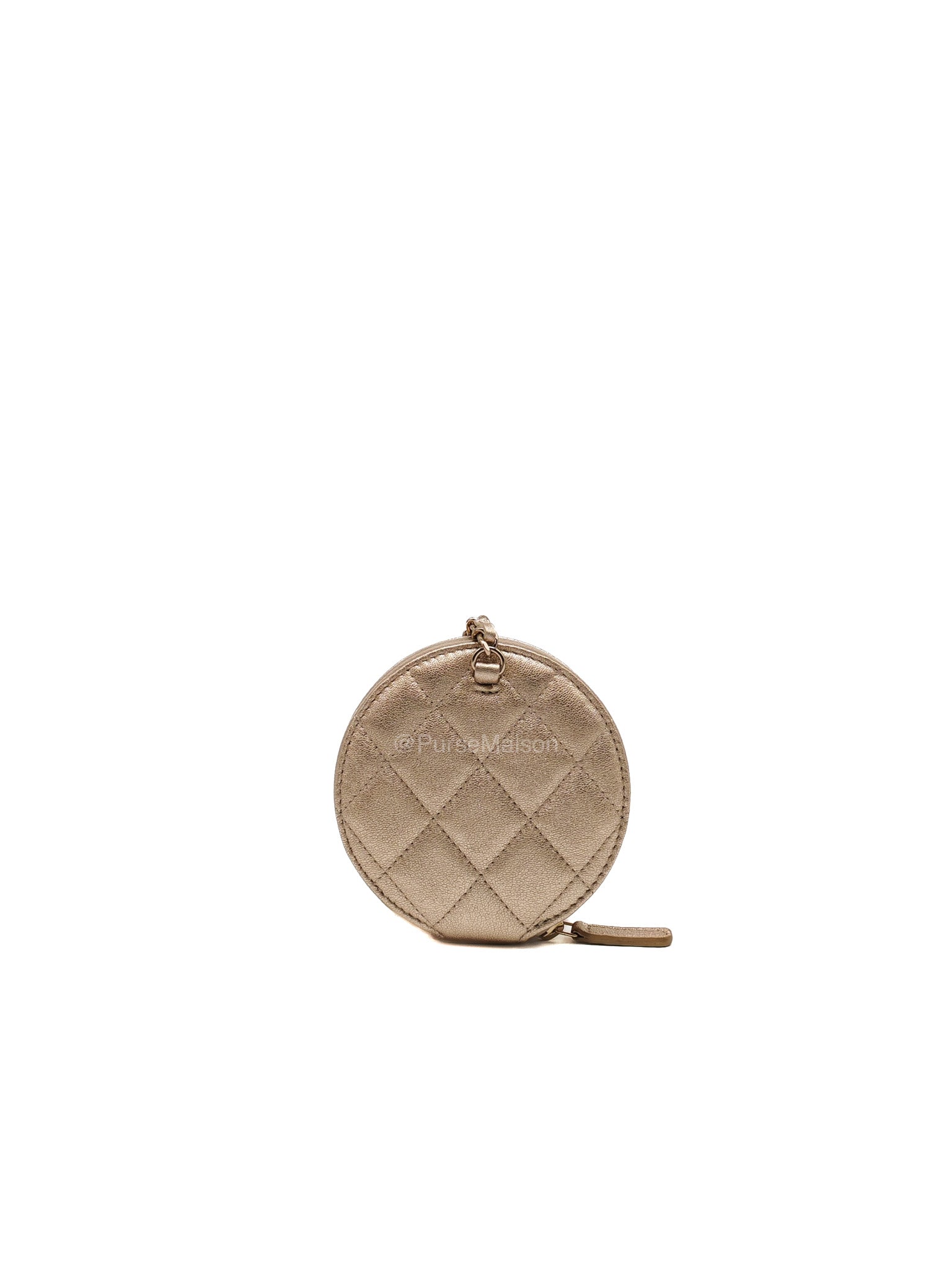 Chanel Round Clip-on Coin Purse and Airpods Case Set in Metallic Gold Quilted Lambskin Leather and Light Gold Hardware Microchip | Purse Maison Luxury Bags Shop