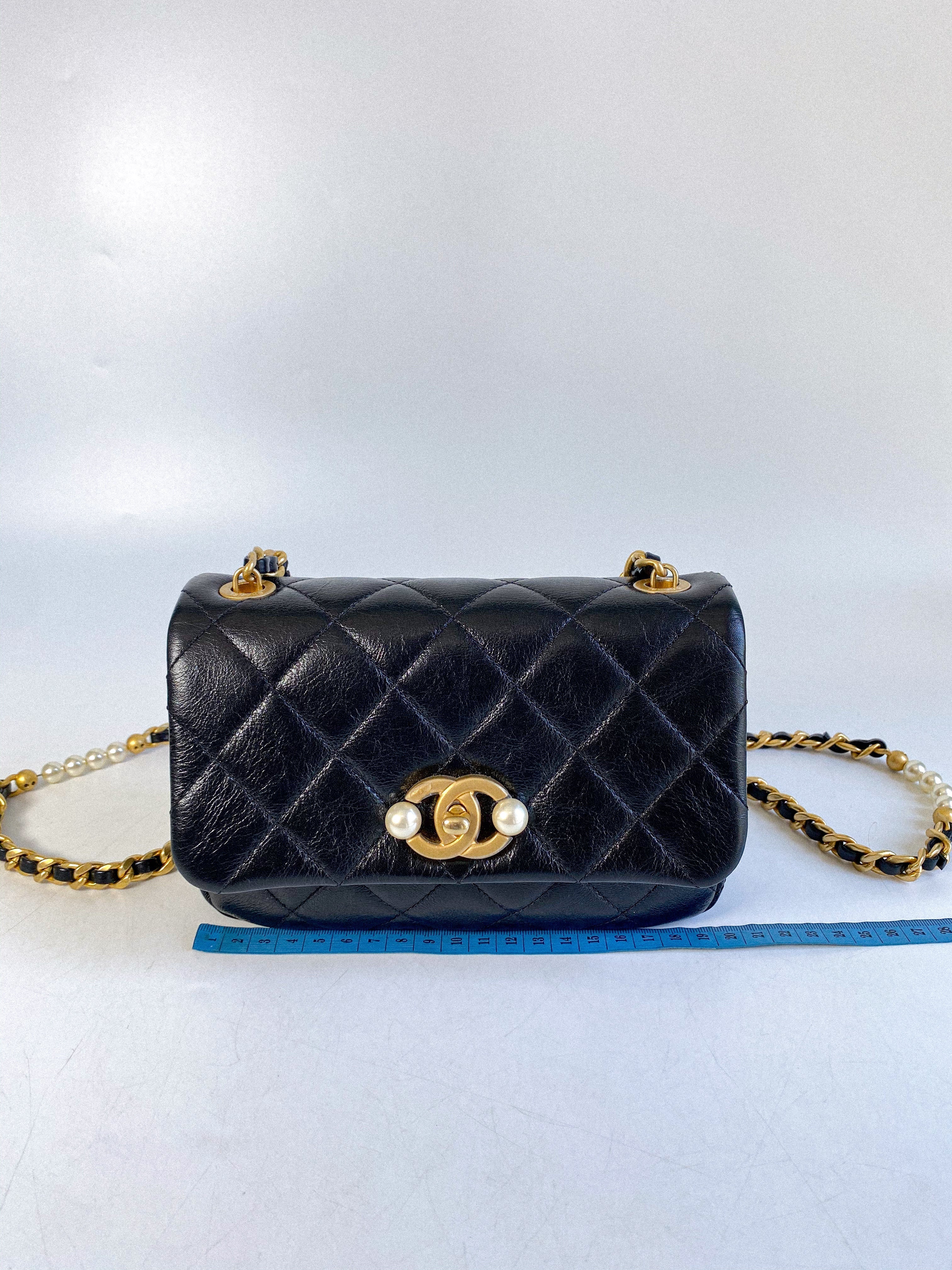 Chanel Seasonal Mini Flap Pearl CC and Chain in Black Calfskin and Aged Gold Hardware (Microchip)