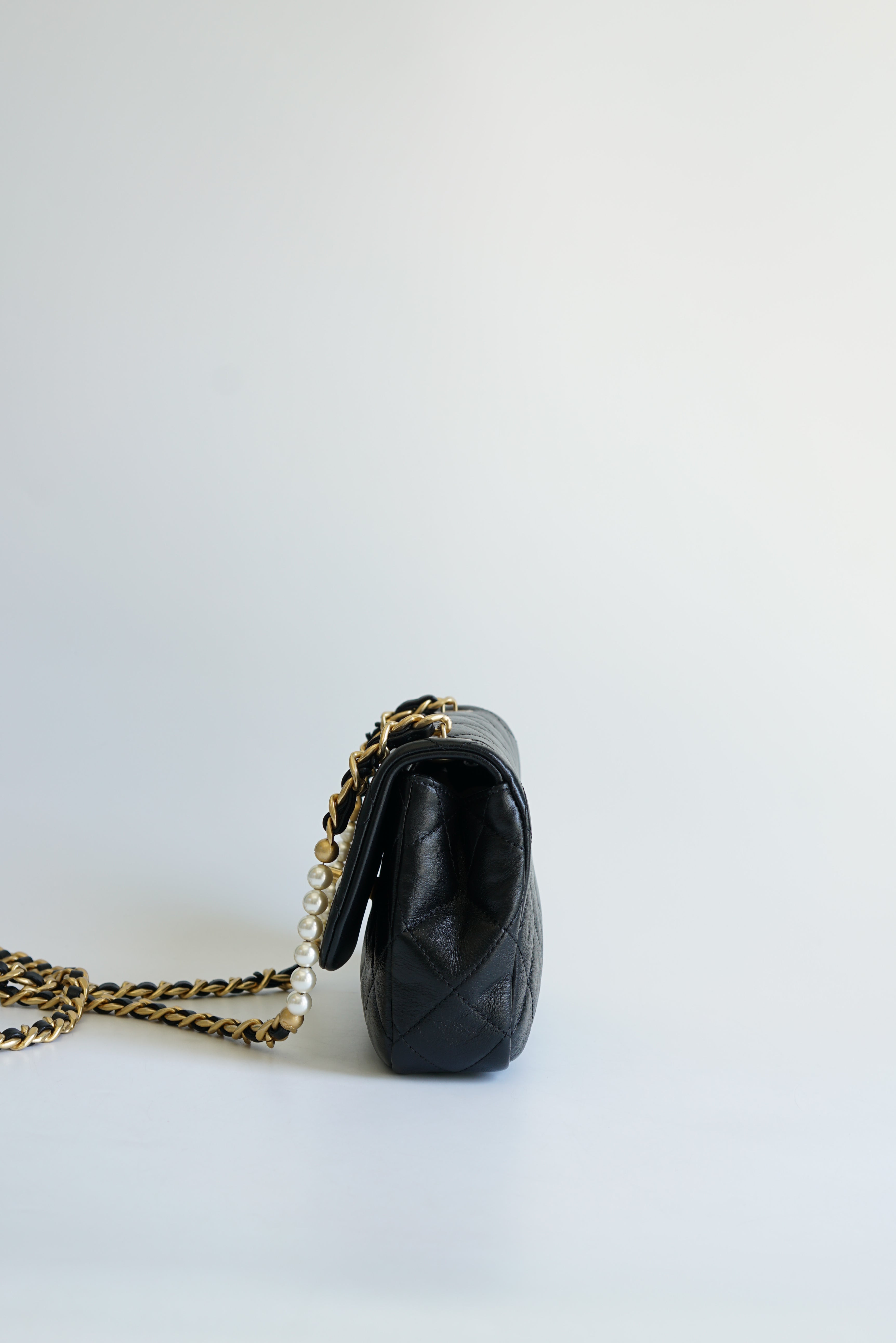 Chanel Seasonal Mini Flap Pearl CC and Chain in Black Calfskin and Aged Gold Hardware (Microchip)