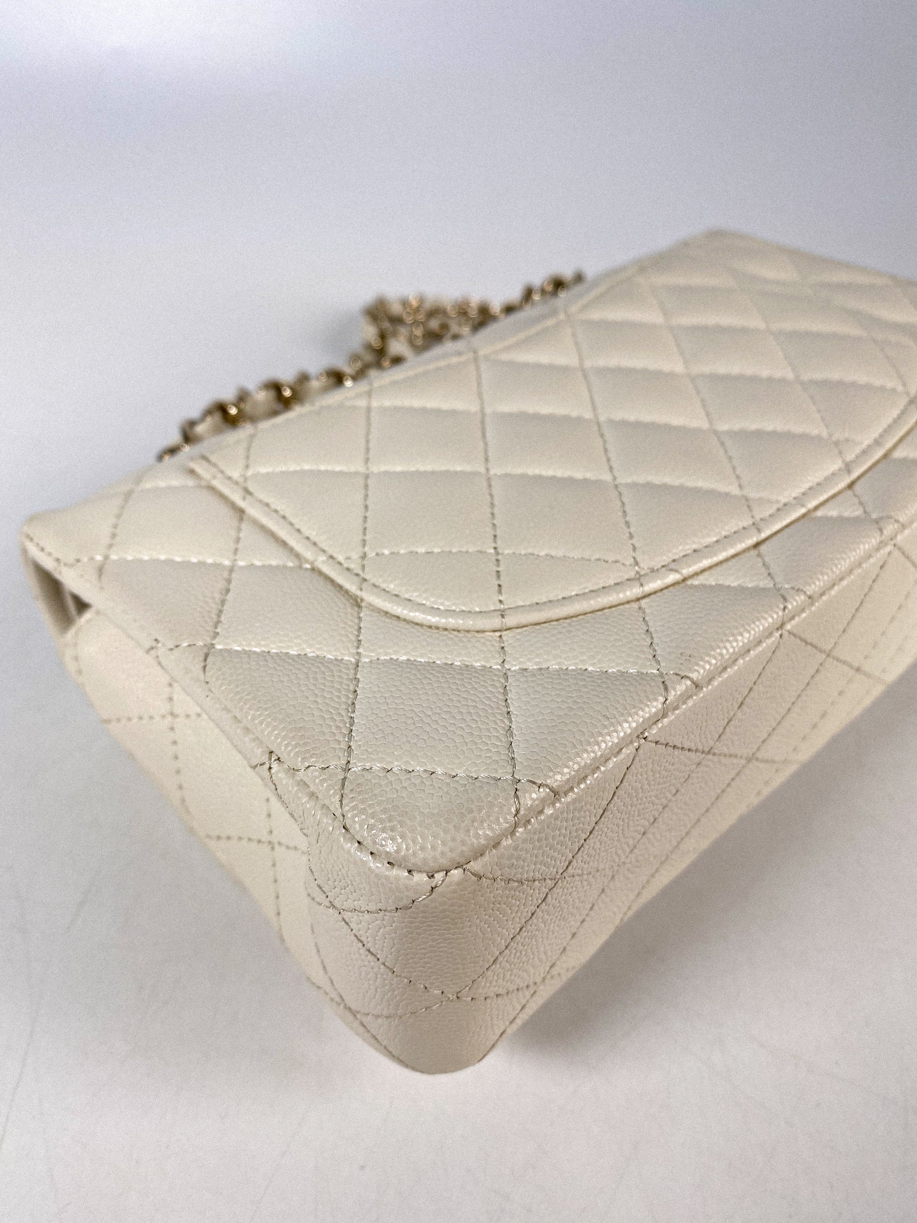 Chanel Small Classic Double Flap Off-White Caviar Leather and Light Gold Hardware (Microchip)