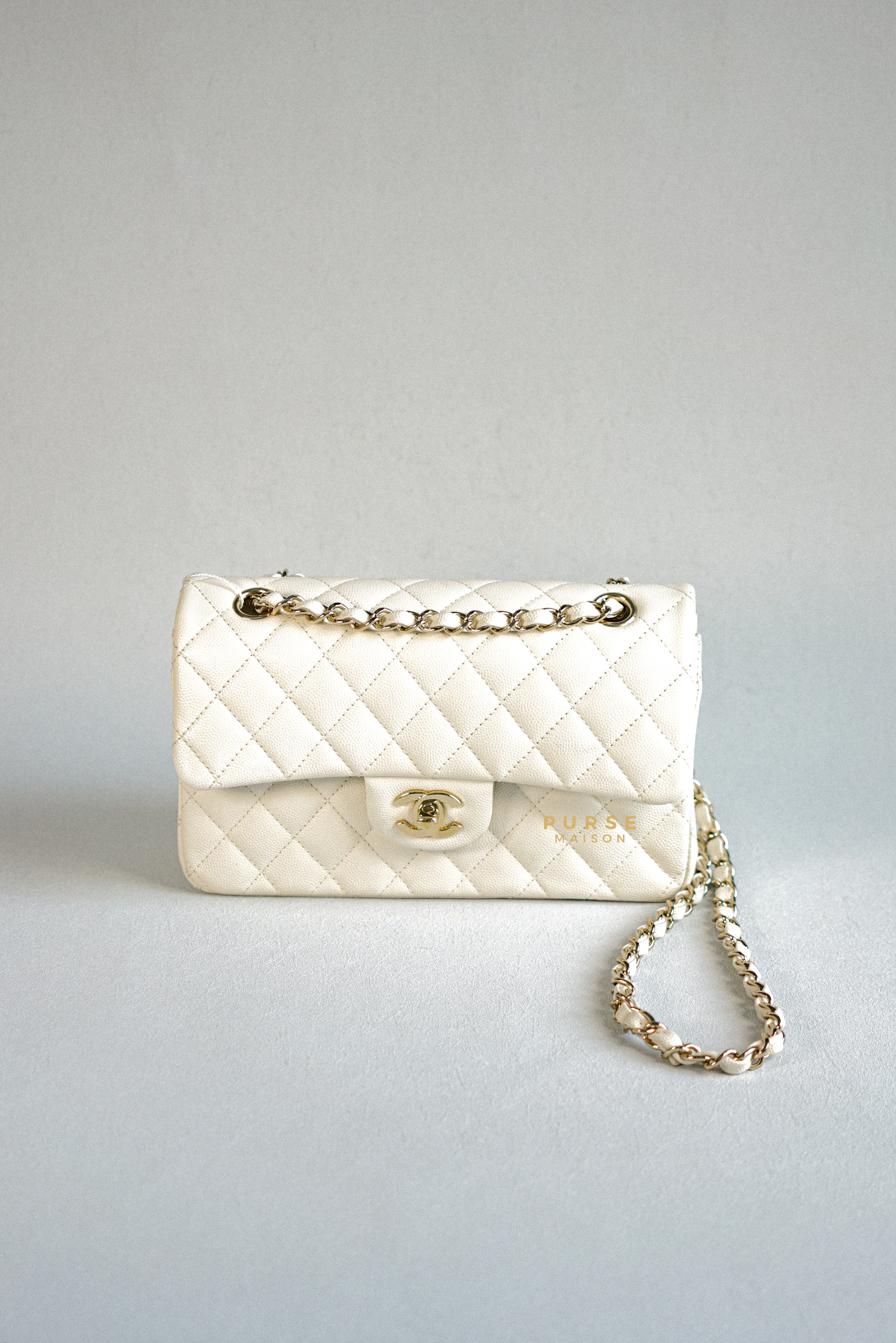 Chanel Small Classic Double Flap Ivory Caviar Leather and Light Gold Hardware (Microchip) | Purse Maison Luxury Bags Shop