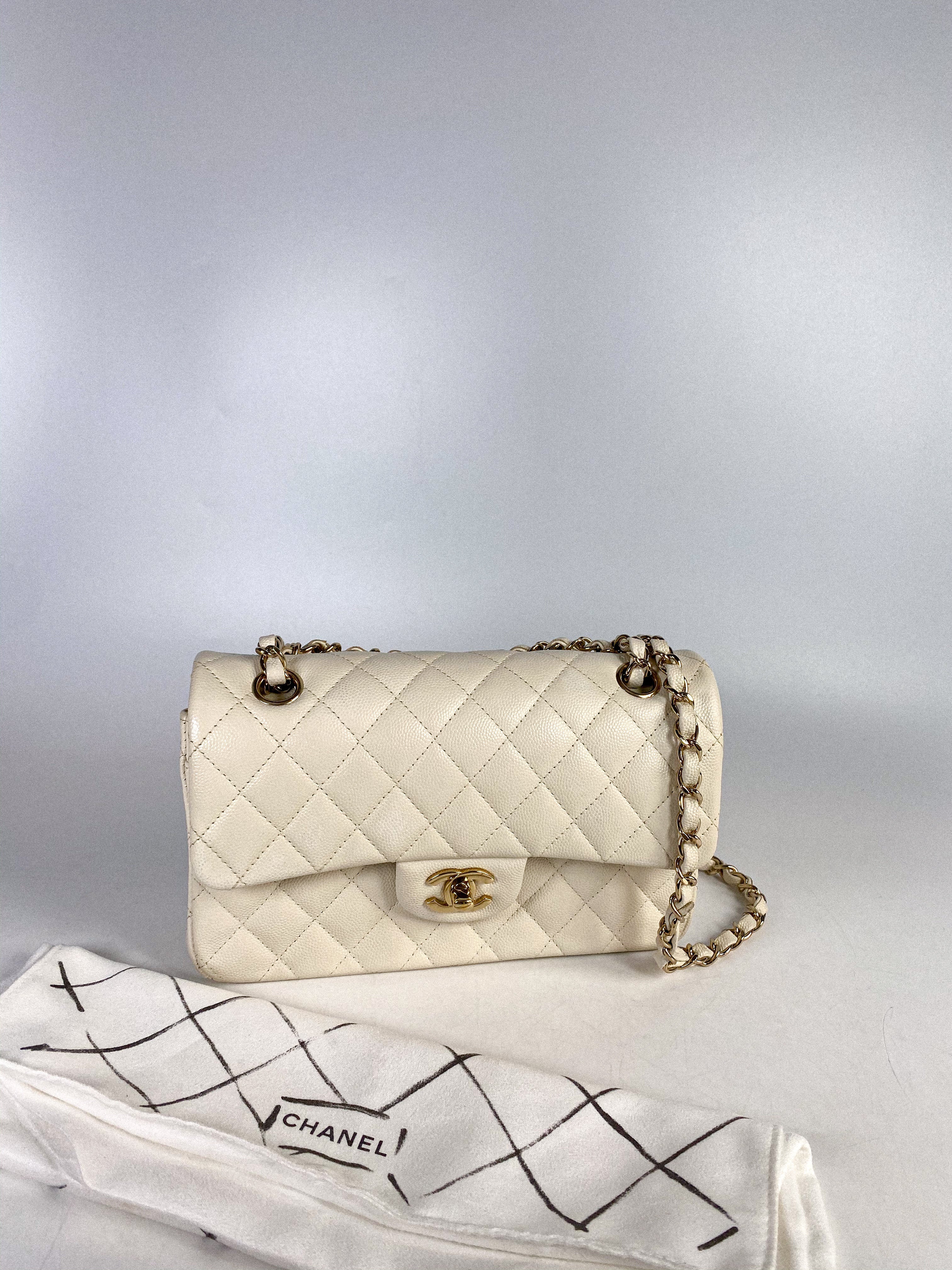 Chanel Small Classic Double Flap Off-White Caviar Leather and Light Gold Hardware (Microchip)