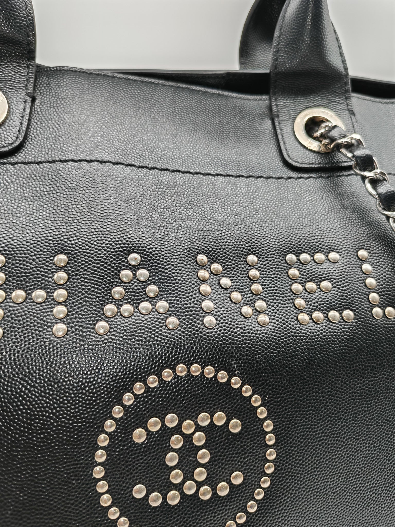 Chanel Studded Deauville Tote Bag Large in Black Caviar Leather Silver Hardware (Series 25) | Purse Maison Luxury Bags Shop