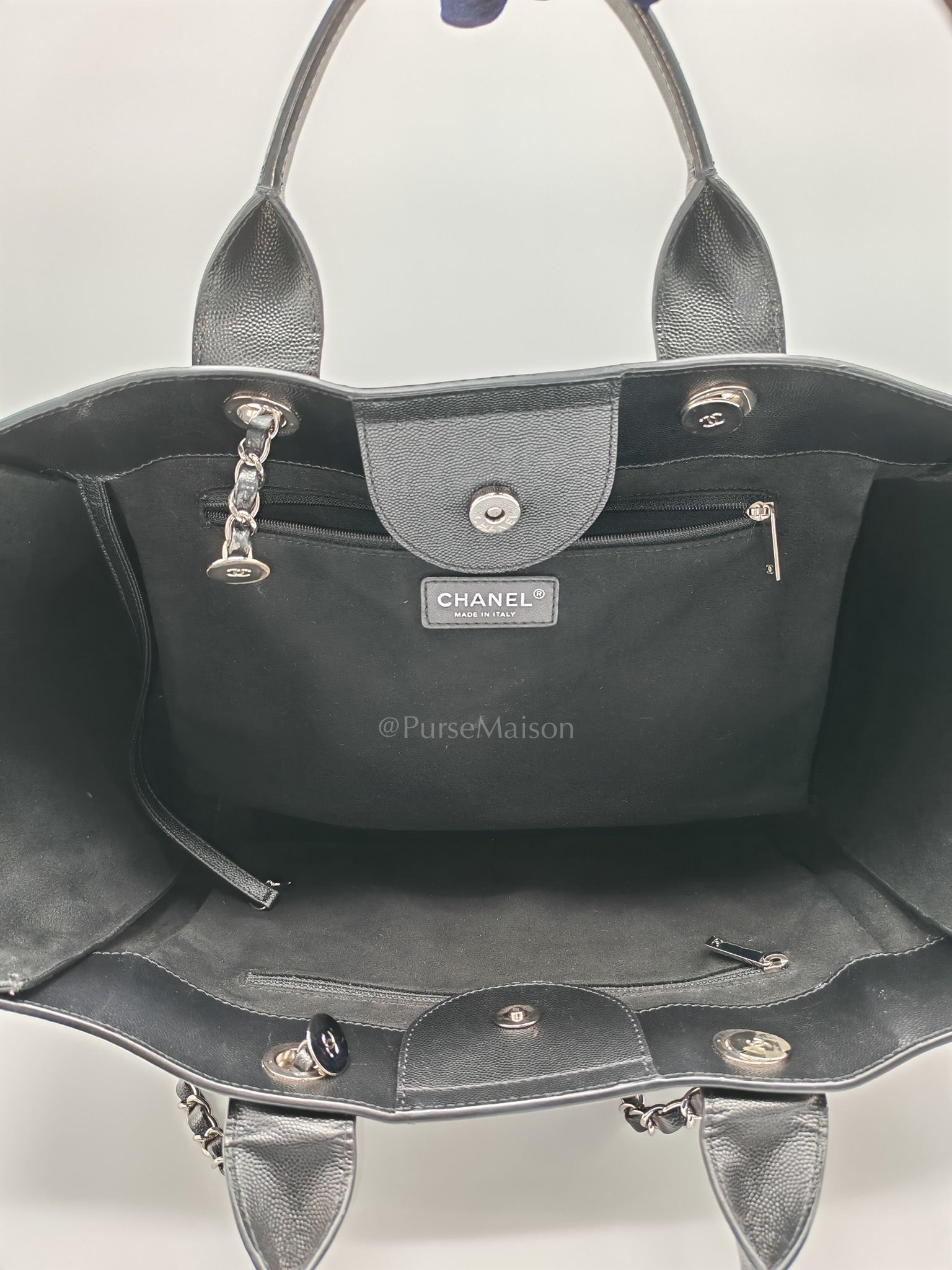 Chanel Studded Deauville Tote Bag Large in Black Caviar Leather Silver Hardware (Series 25) | Purse Maison Luxury Bags Shop