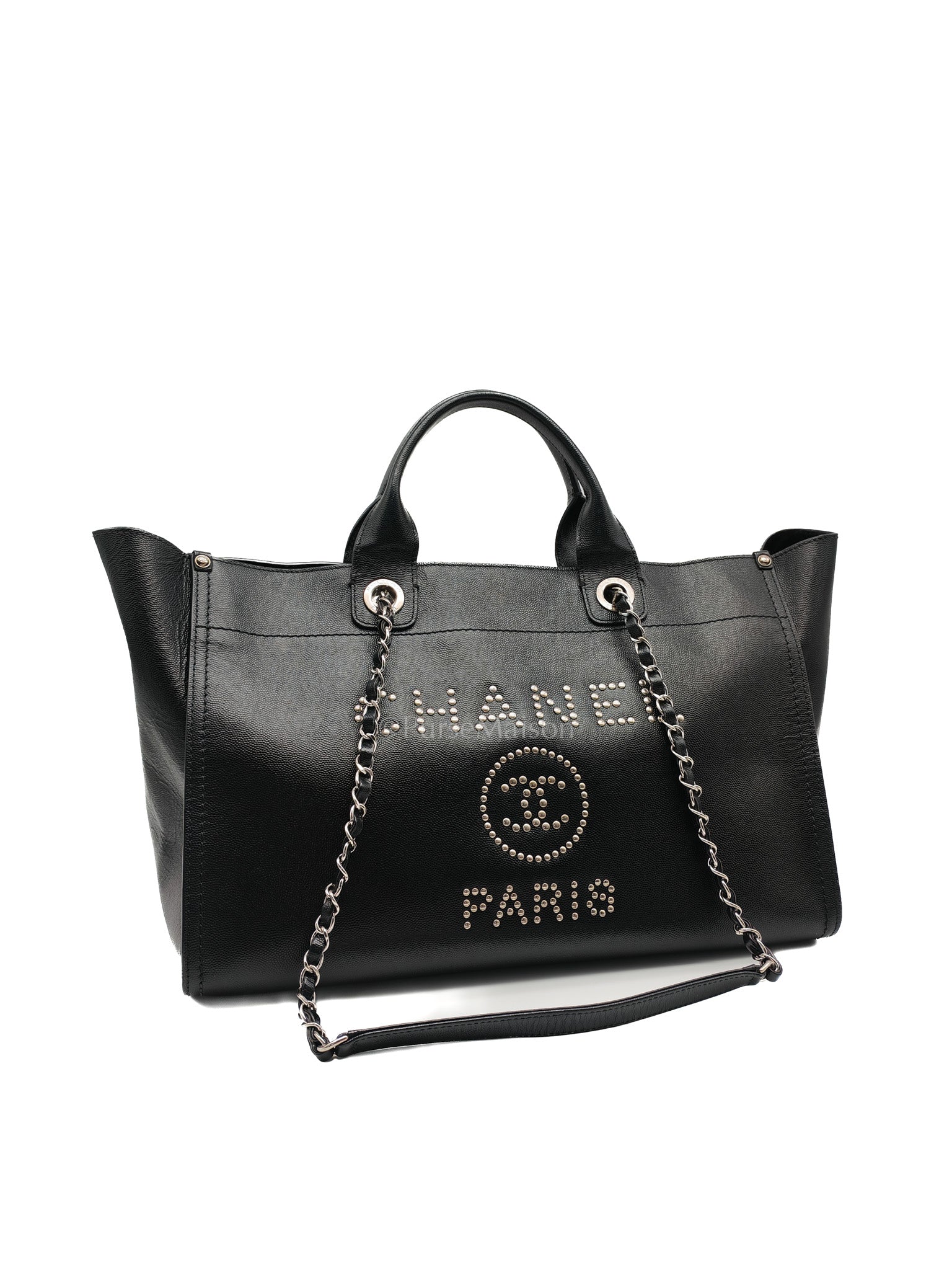 Chanel Studded Deauville Tote Bag Large in Black Caviar Leather Silver Hardware (Series 25) | Purse Maison Luxury Bags Shop