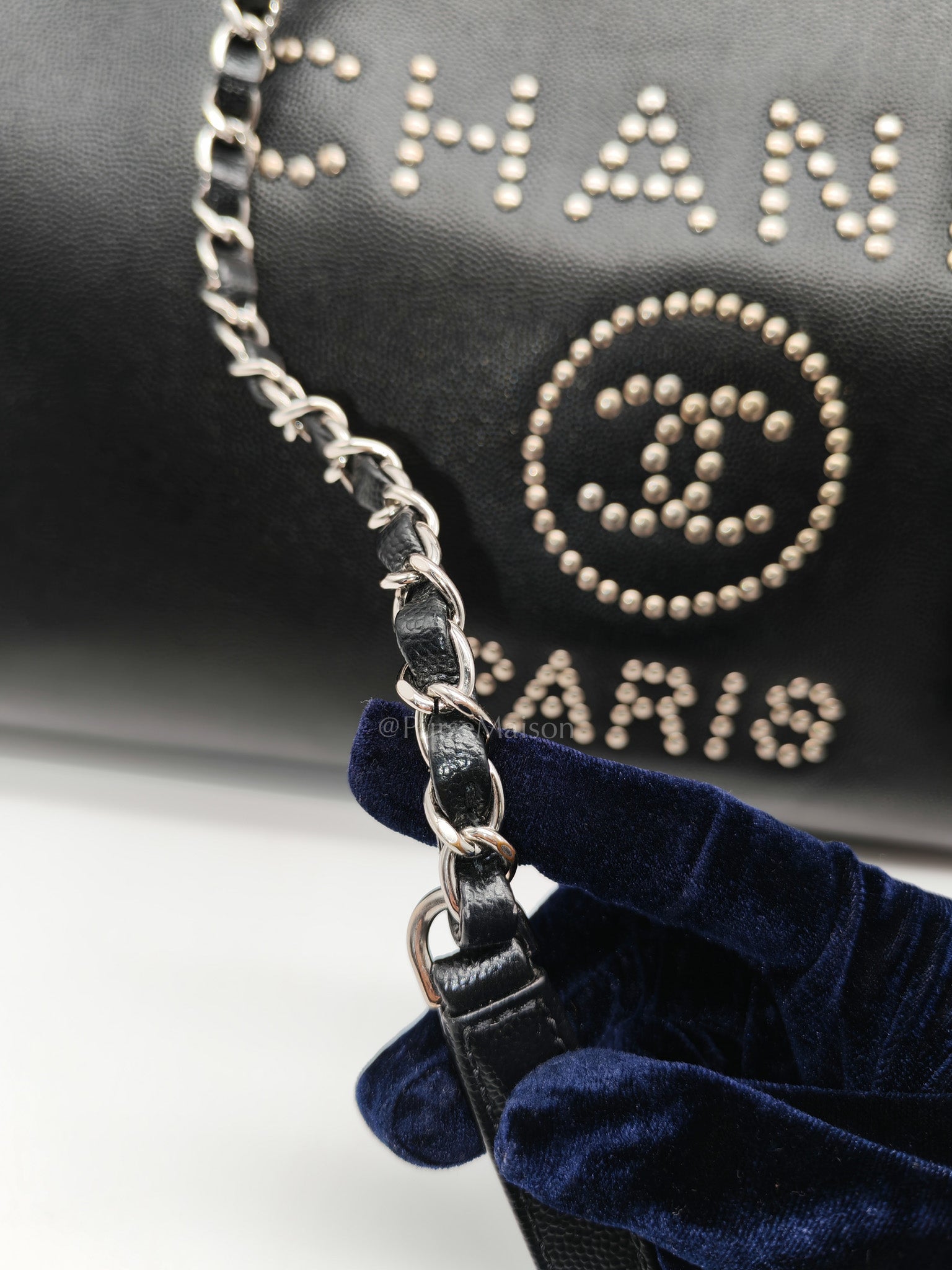 Chanel Studded Deauville Tote Bag Large in Black Caviar Leather Silver Hardware (Series 25) | Purse Maison Luxury Bags Shop