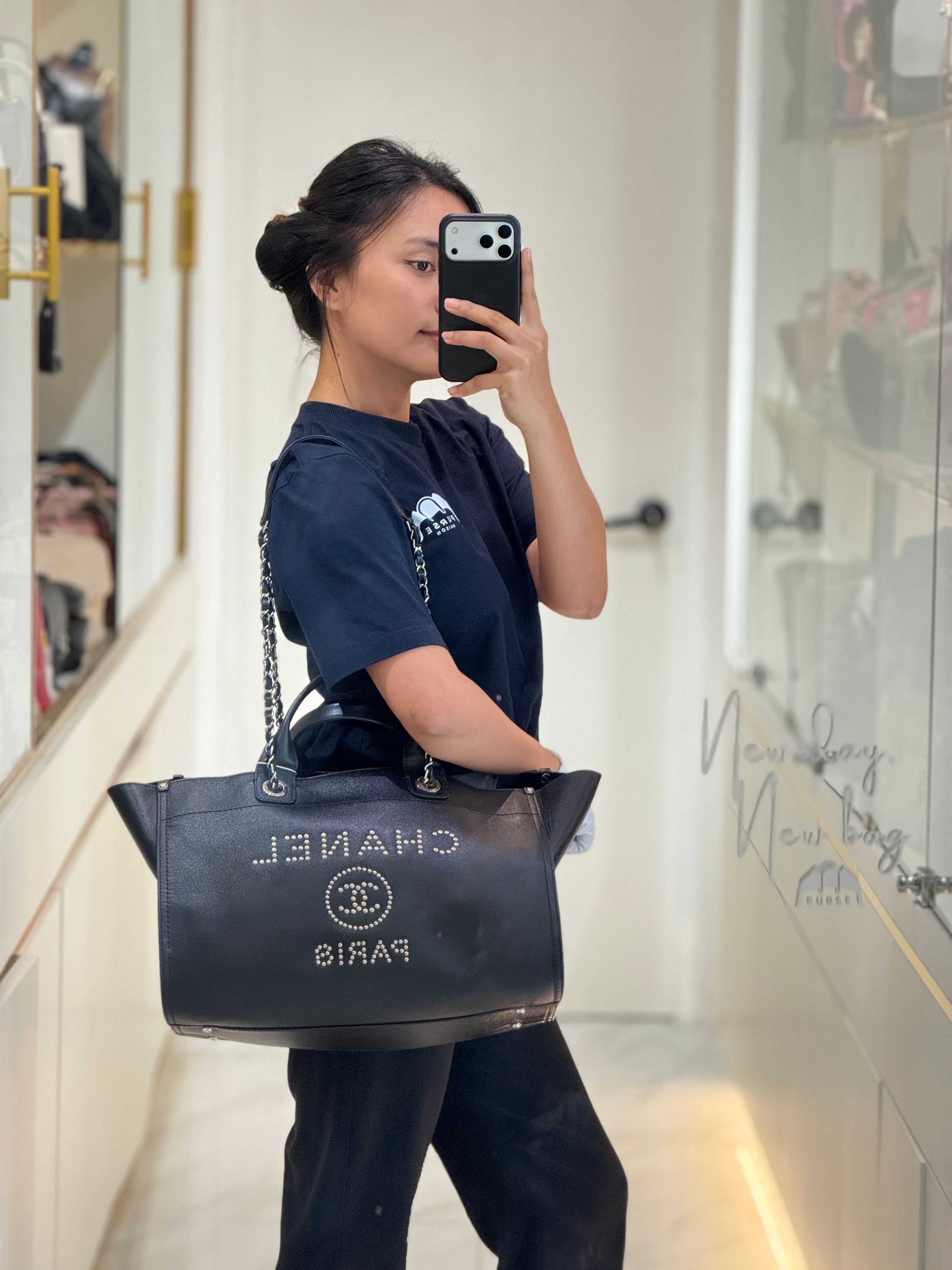 Chanel Studded Deauville Tote Bag Large in Black Caviar Leather Silver Hardware (Series 25) | Purse Maison Luxury Bags Shop