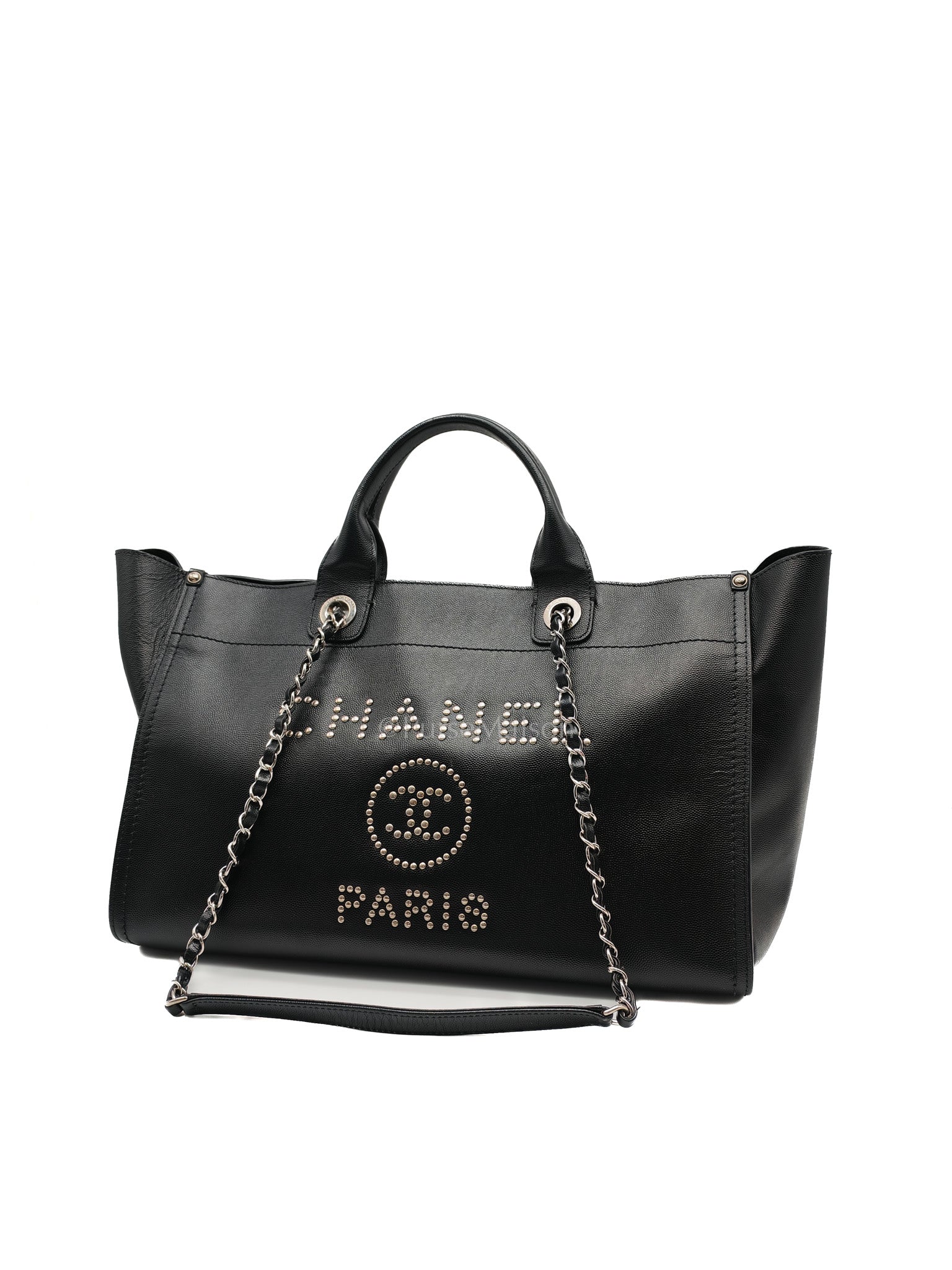 Chanel Studded Deauville Tote Bag Large in Black Caviar Leather Silver Hardware (Series 25) | Purse Maison Luxury Bags Shop