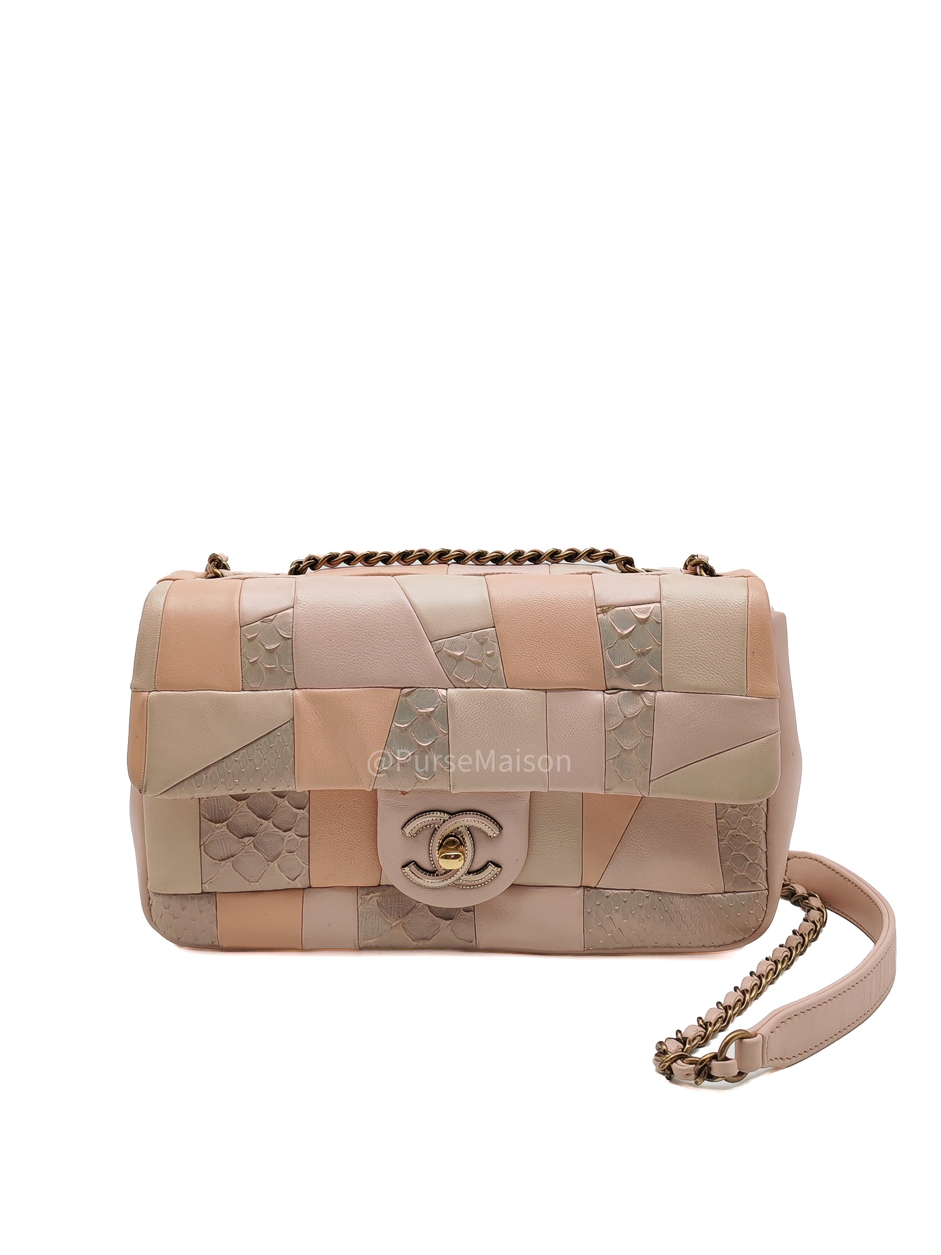 Chanel Timeless Patchwork Single Flap Bag Small in Multicolor Lambskin & Python Leather Aged Gold Hardware (Series 22) | Purse Maison Luxury Bags Shop