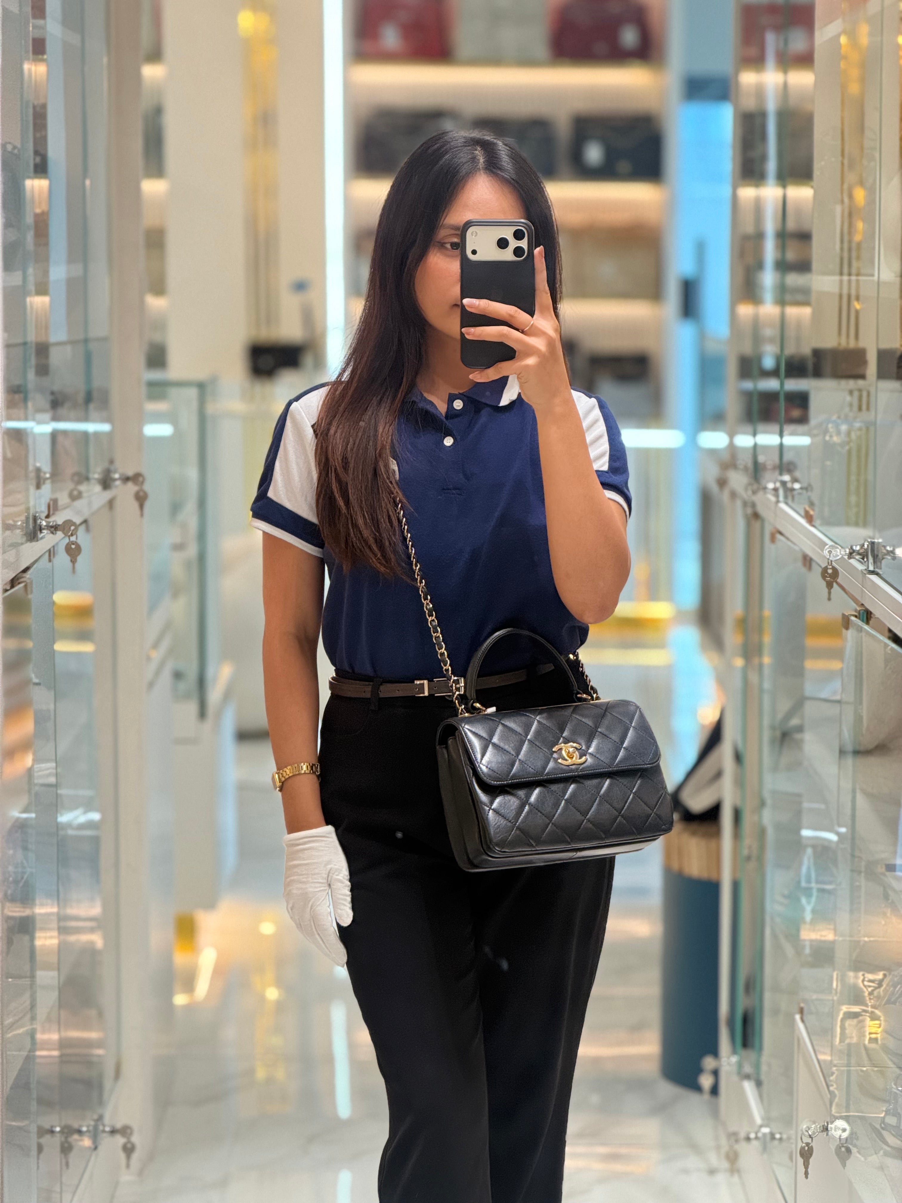 Chanel Trendy CC Top Handle Flap Bag in Dark Navy Blue Quilted Lambskin Leather & Light Gold Hardware Microchip Microchip | Purse Maison Luxury Bags Shop