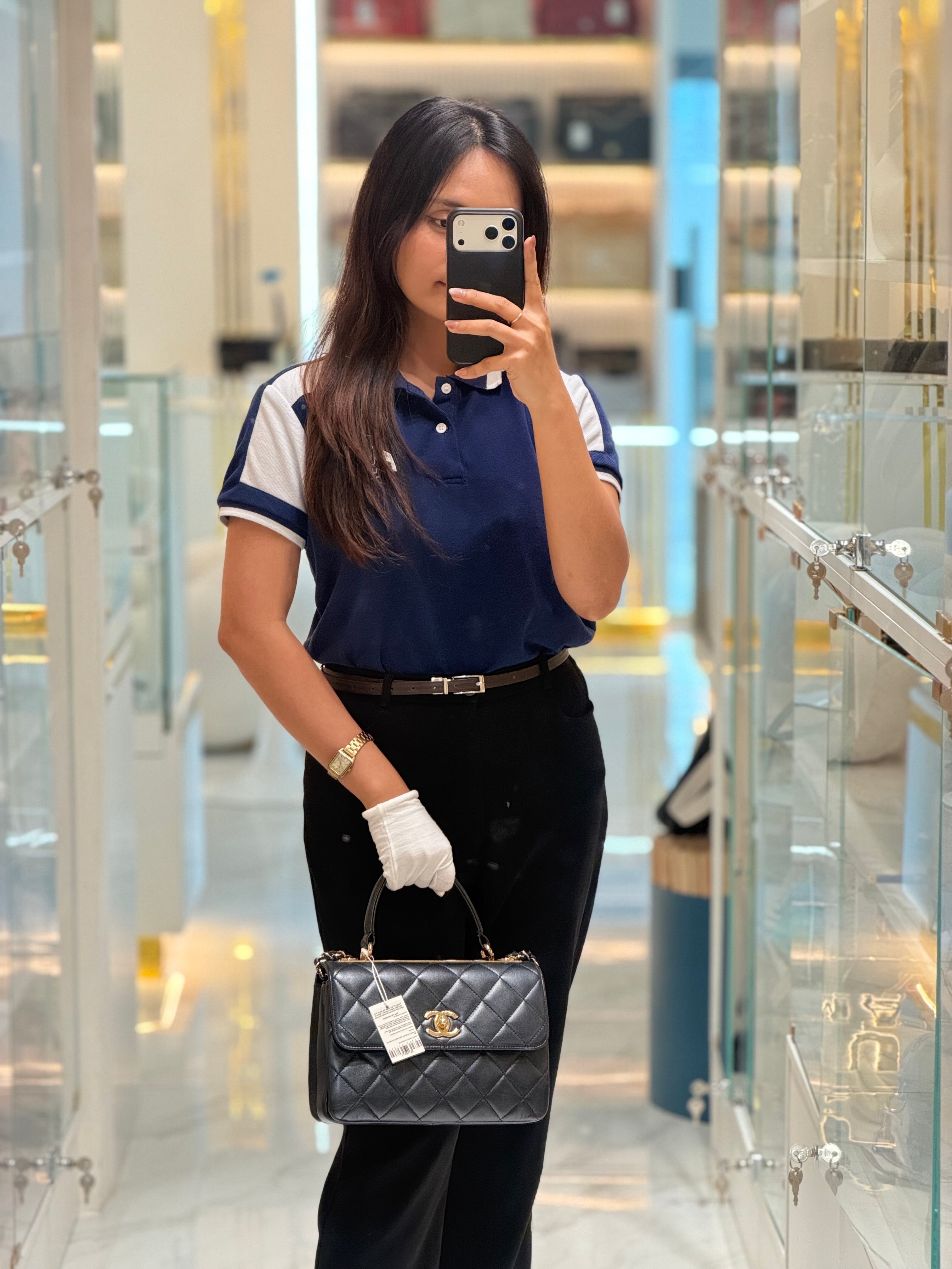 Chanel Trendy CC Top Handle Flap Bag in Dark Navy Blue Quilted Lambskin Leather & Light Gold Hardware Microchip Microchip | Purse Maison Luxury Bags Shop