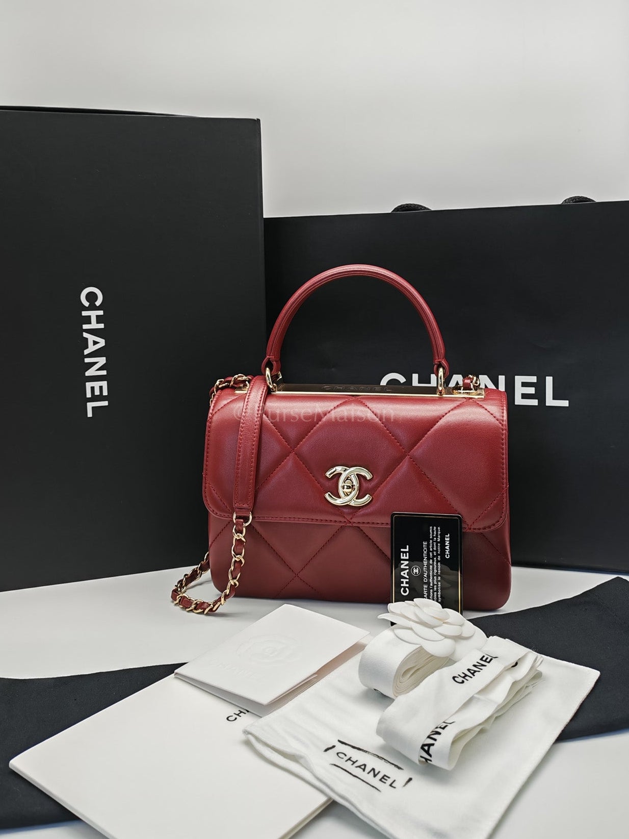 Chanel Trendy CC Top Handle Small in Burgundy Lambskin Leather Light Gold Hardware (Series 28) | Purse Maison Luxury Bags Shop