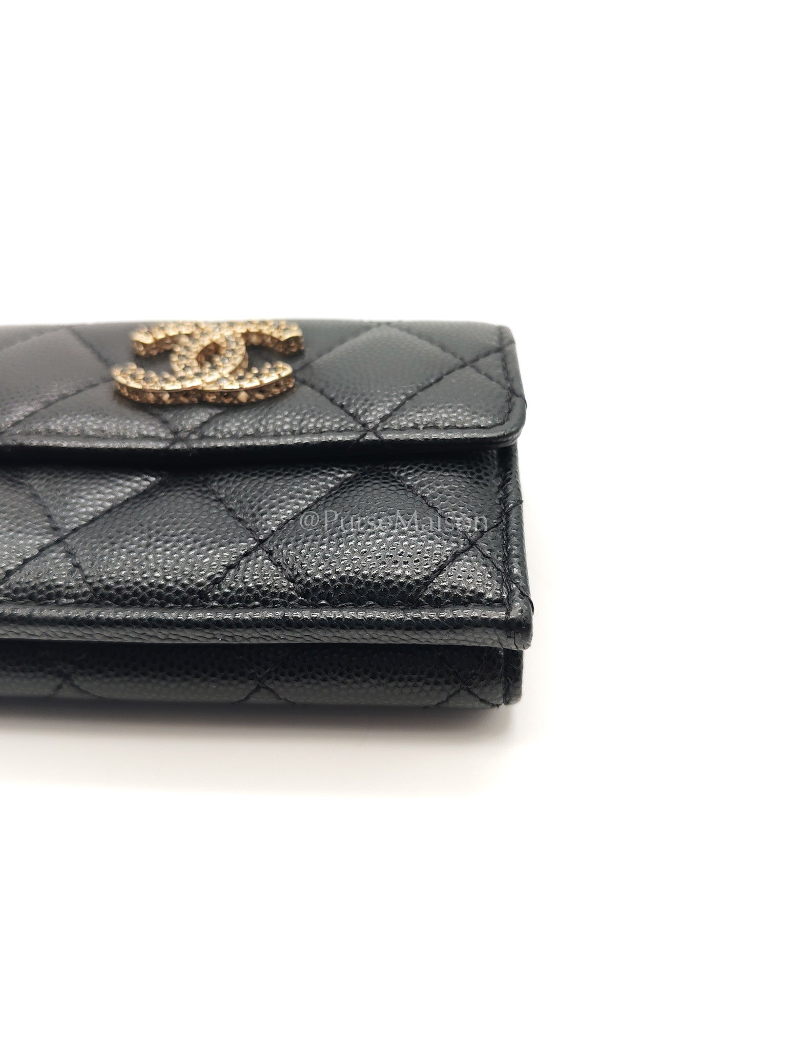Chanel Tri-Fold Flap Wallet in Black Quilted Caviar Leather and Crystal Enamel CC Logo Microchip | Purse Maison Luxury Bags Shop