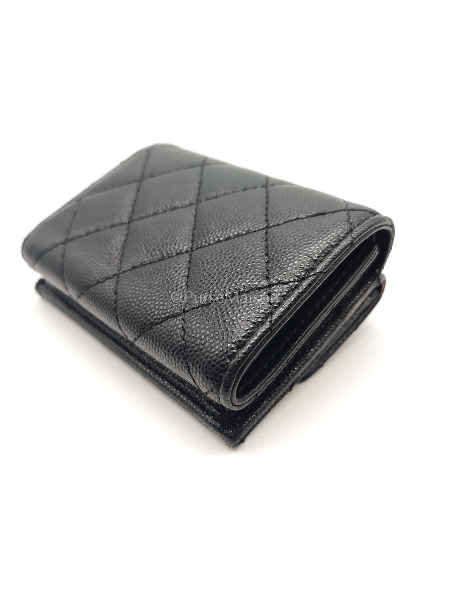 Chanel Tri-Fold Flap Wallet in Black Quilted Caviar Leather and Crystal Enamel CC Logo Microchip | Purse Maison Luxury Bags Shop