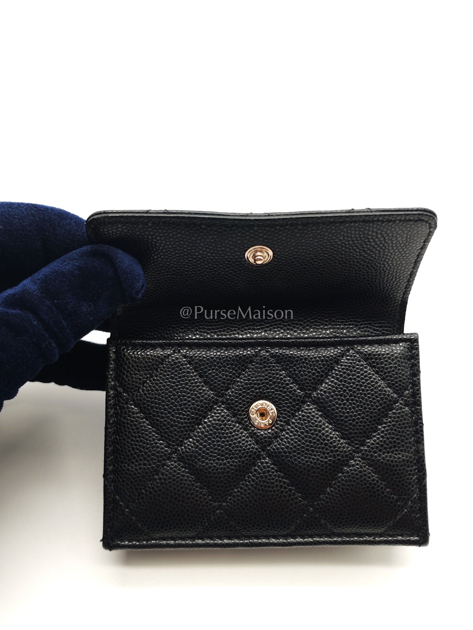 Chanel Tri-Fold Flap Wallet in Black Quilted Caviar Leather and Crystal Enamel CC Logo Microchip | Purse Maison Luxury Bags Shop