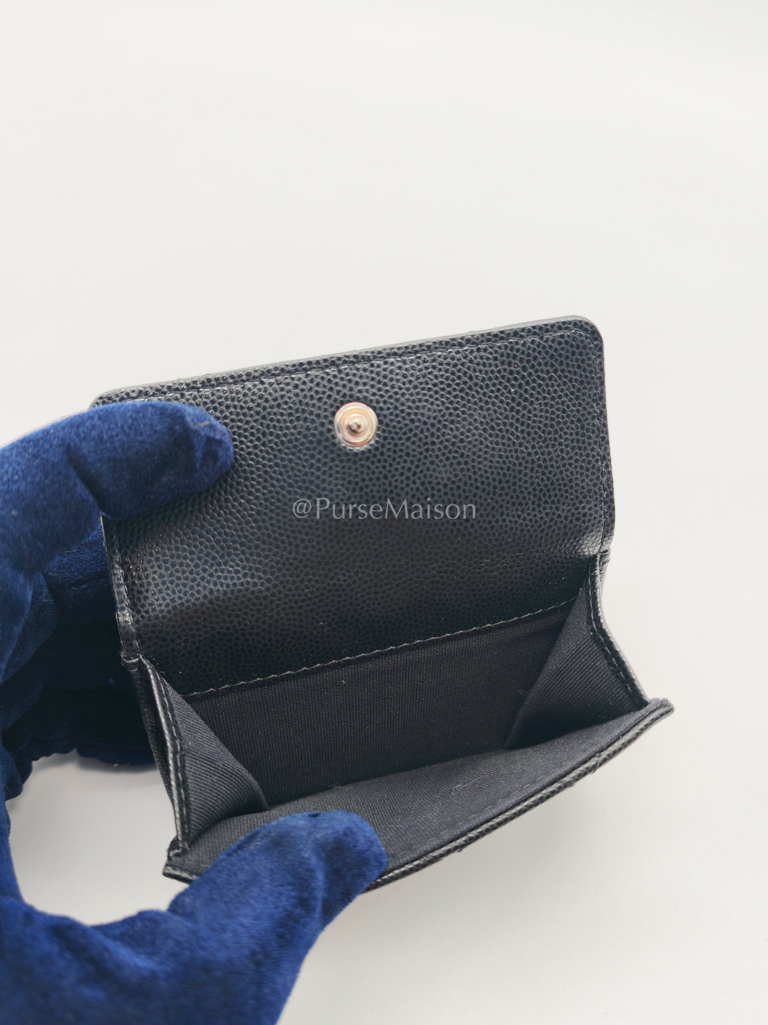 Chanel Tri-Fold Flap Wallet in Black Quilted Caviar Leather and Crystal Enamel CC Logo Microchip | Purse Maison Luxury Bags Shop