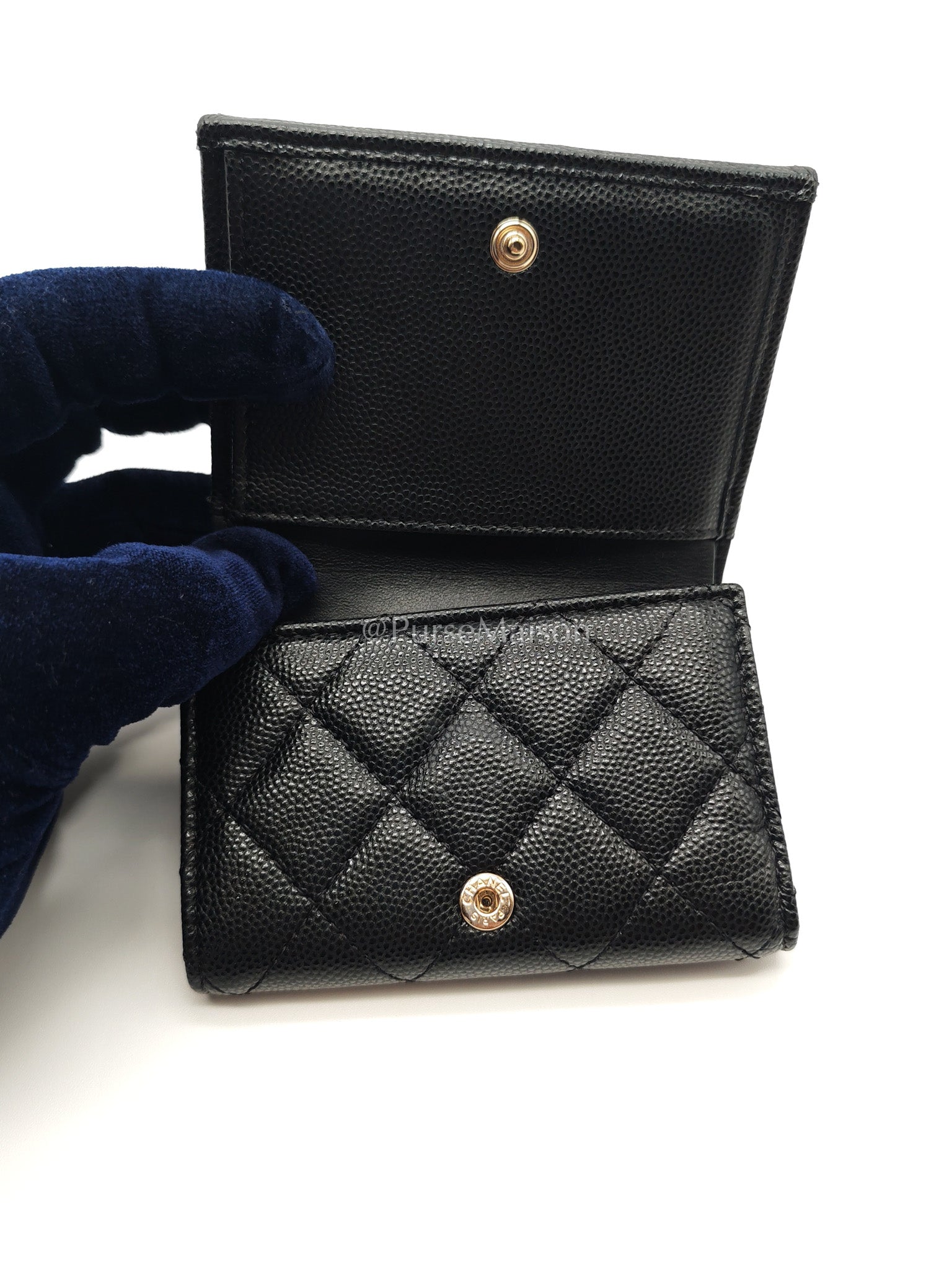 Chanel Tri-Fold Flap Wallet in Black Quilted Caviar Leather and Crystal Enamel CC Logo Microchip | Purse Maison Luxury Bags Shop