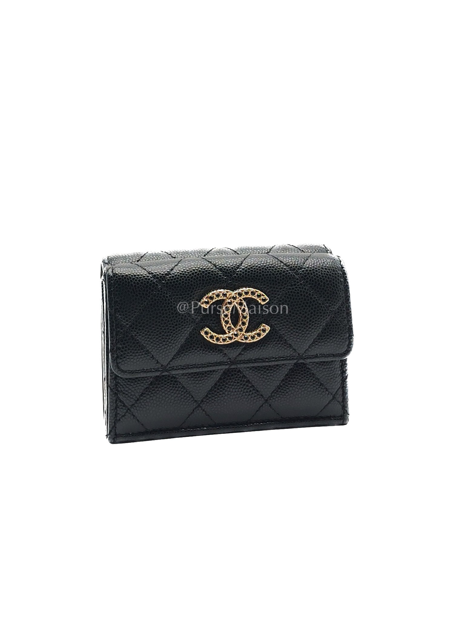 Chanel Tri-Fold Flap Wallet in Black Quilted Caviar Leather and Crystal Enamel CC Logo Microchip | Purse Maison Luxury Bags Shop