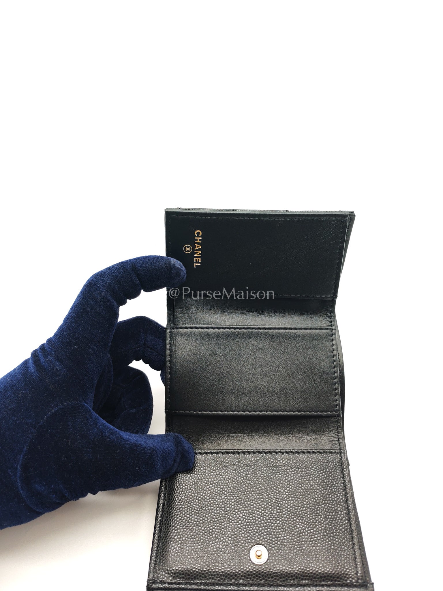 Chanel Tri-Fold Flap Wallet in Black Quilted Caviar Leather and Crystal Enamel CC Logo Microchip | Purse Maison Luxury Bags Shop