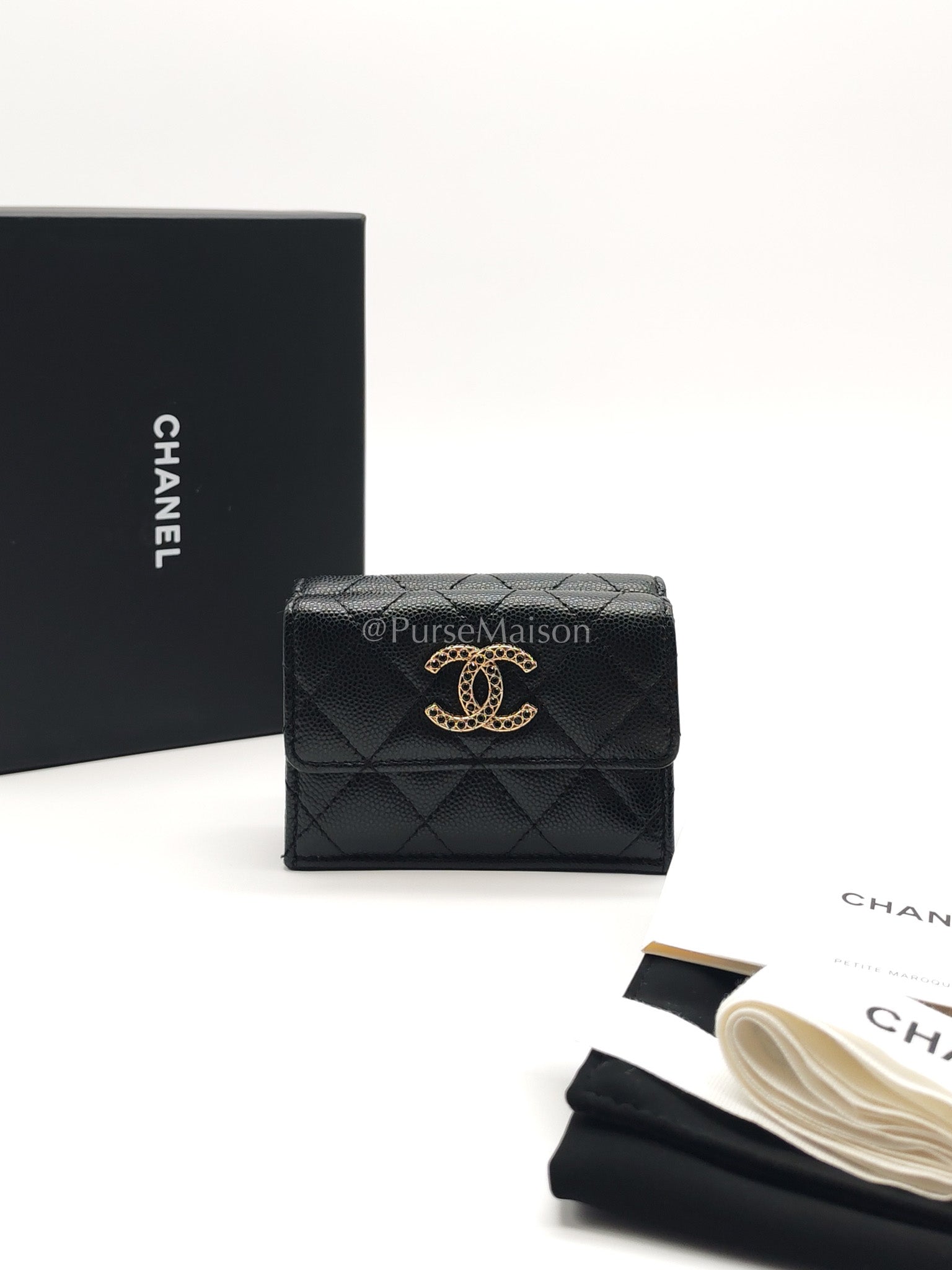 Chanel Tri-Fold Flap Wallet in Black Quilted Caviar Leather and Crystal Enamel CC Logo Microchip | Purse Maison Luxury Bags Shop