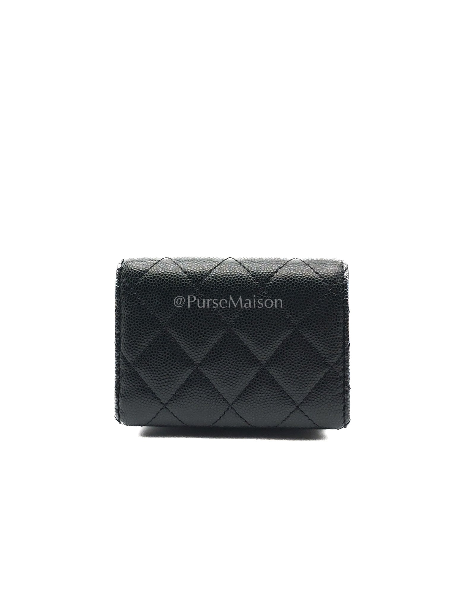 Chanel Tri-Fold Flap Wallet in Black Quilted Caviar Leather and Crystal Enamel CC Logo Microchip | Purse Maison Luxury Bags Shop