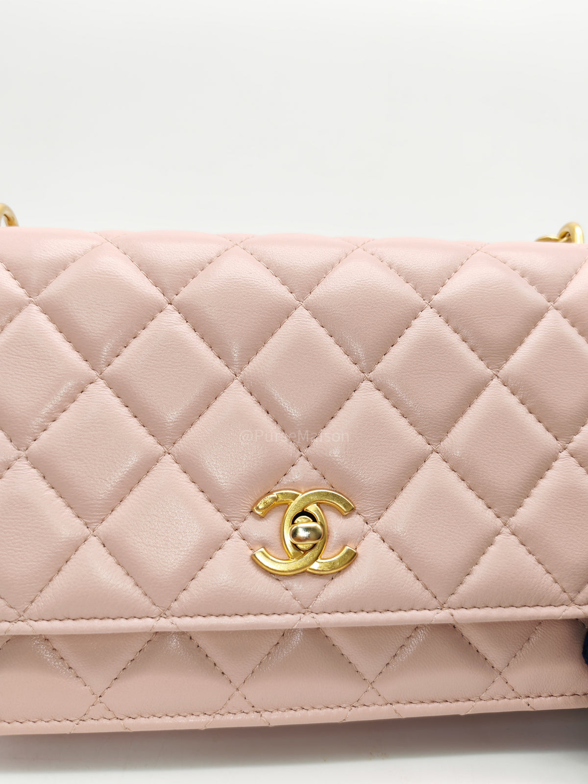 Chanel Turning Lock & Adjustable Chain Strap Wallet On Chain in Sakura Pink Lambskin Leather Aged Gold Hardware (Microchip) | Purse Maison Luxury Bags Shop