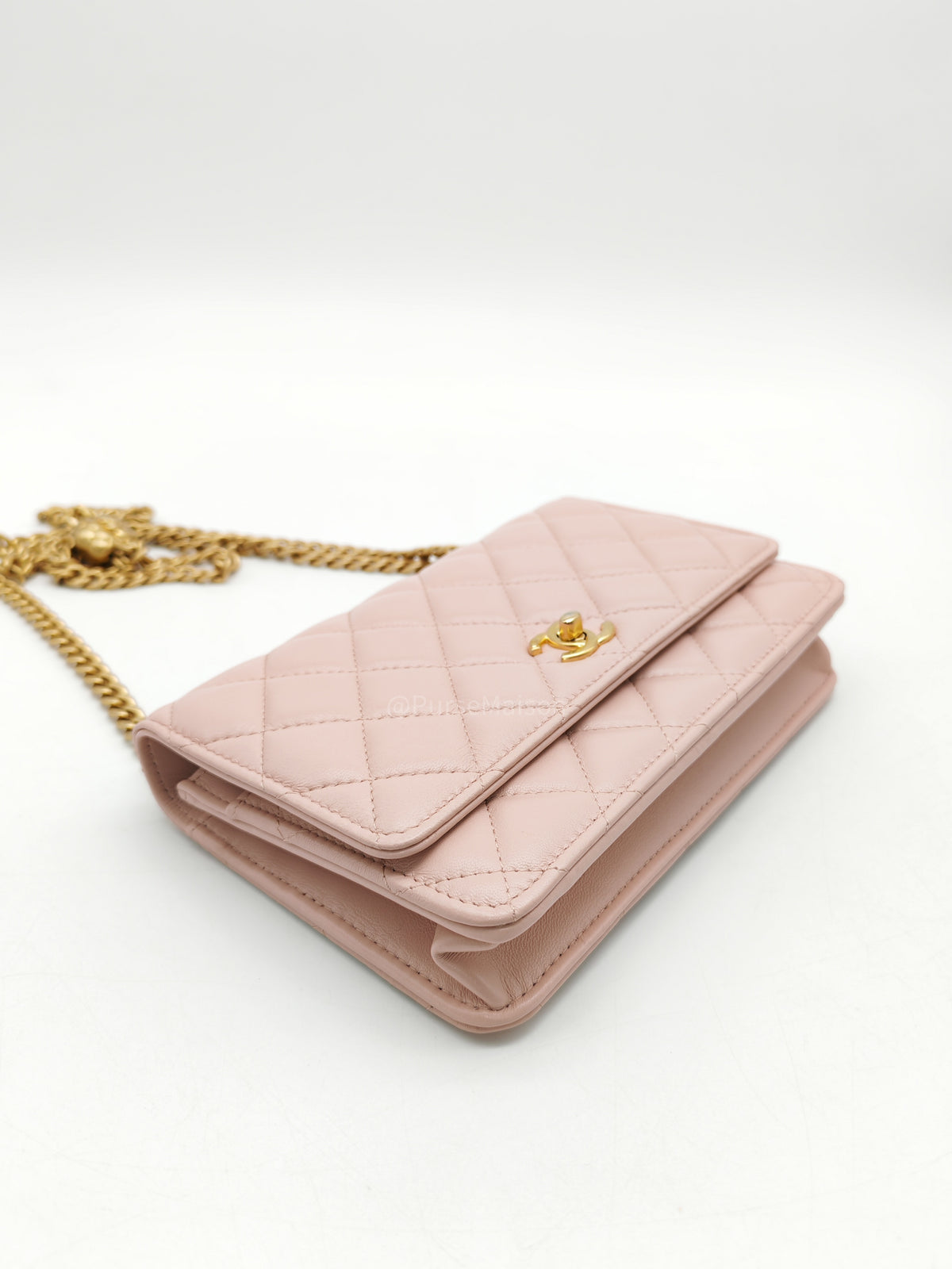 Chanel Turning Lock & Adjustable Chain Strap Wallet On Chain in Sakura Pink Lambskin Leather Aged Gold Hardware (Microchip) | Purse Maison Luxury Bags Shop