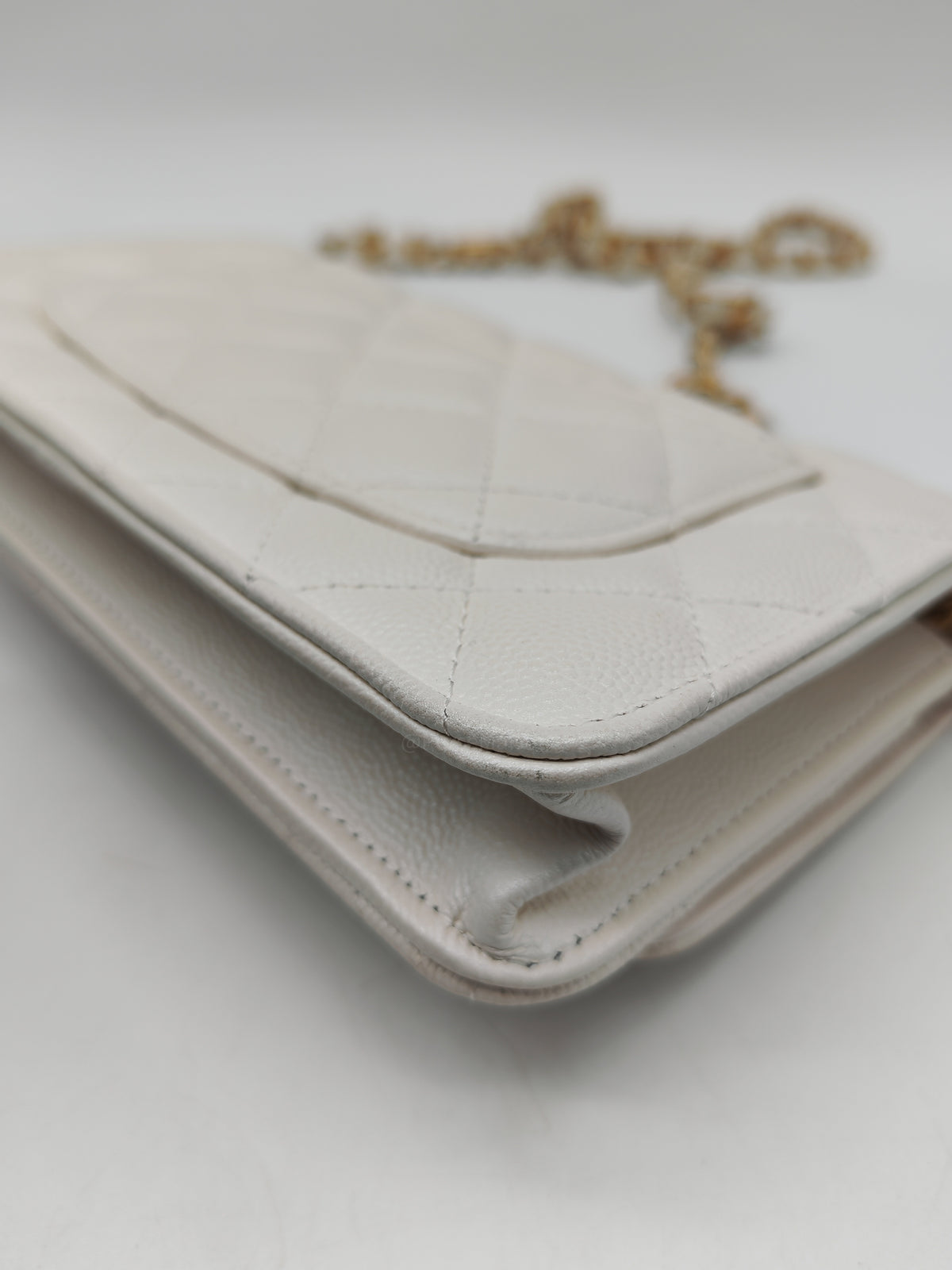 Chanel Turning Lock Wallet on Chain (WOC) in White Iridescent Caviar Leather Aged Gold Hardware (Microchip) | Purse Maison Luxury Bags Shop