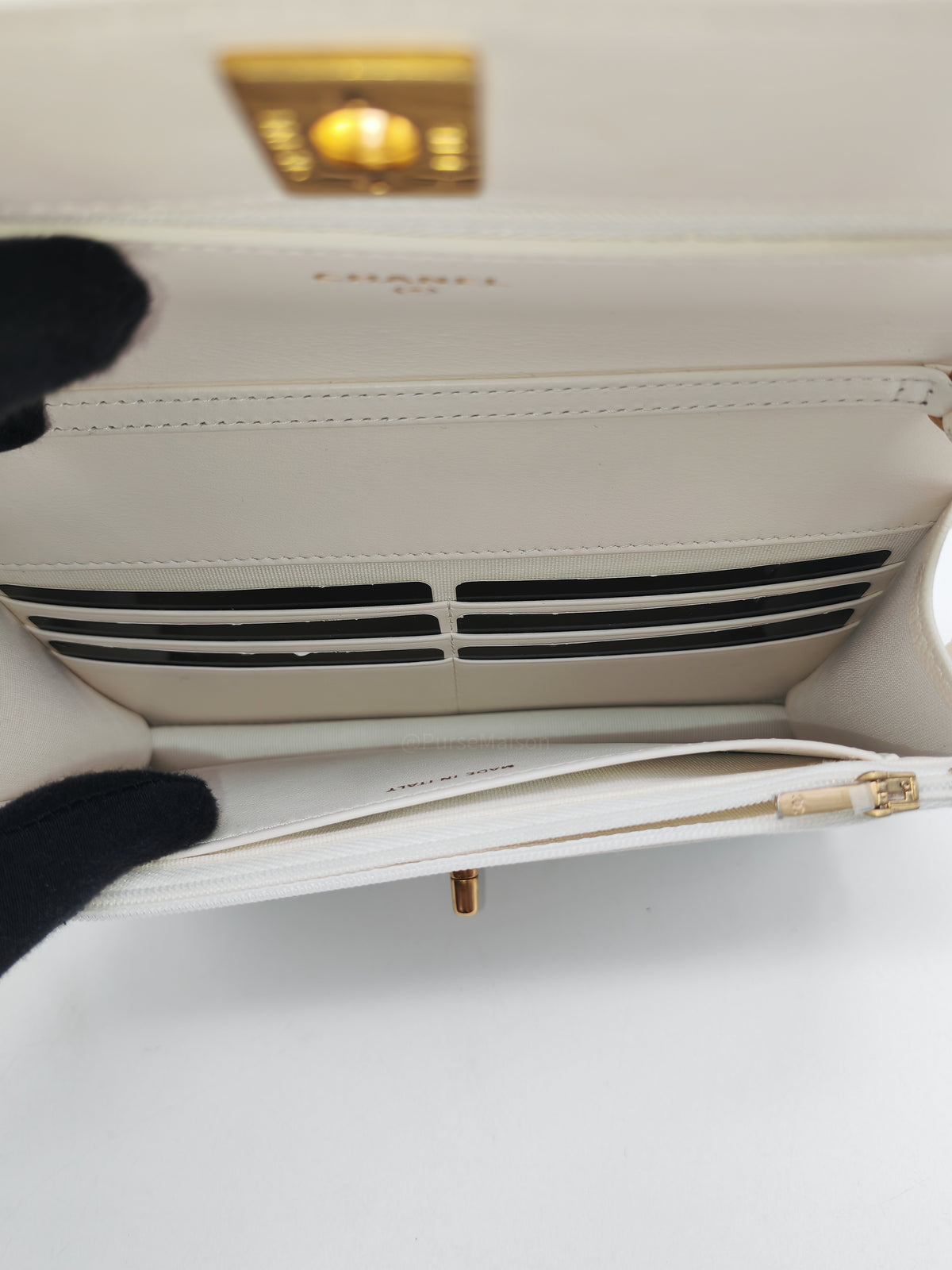 Chanel Turning Lock Wallet on Chain (WOC) in White Iridescent Caviar Leather Aged Gold Hardware (Microchip) | Purse Maison Luxury Bags Shop
