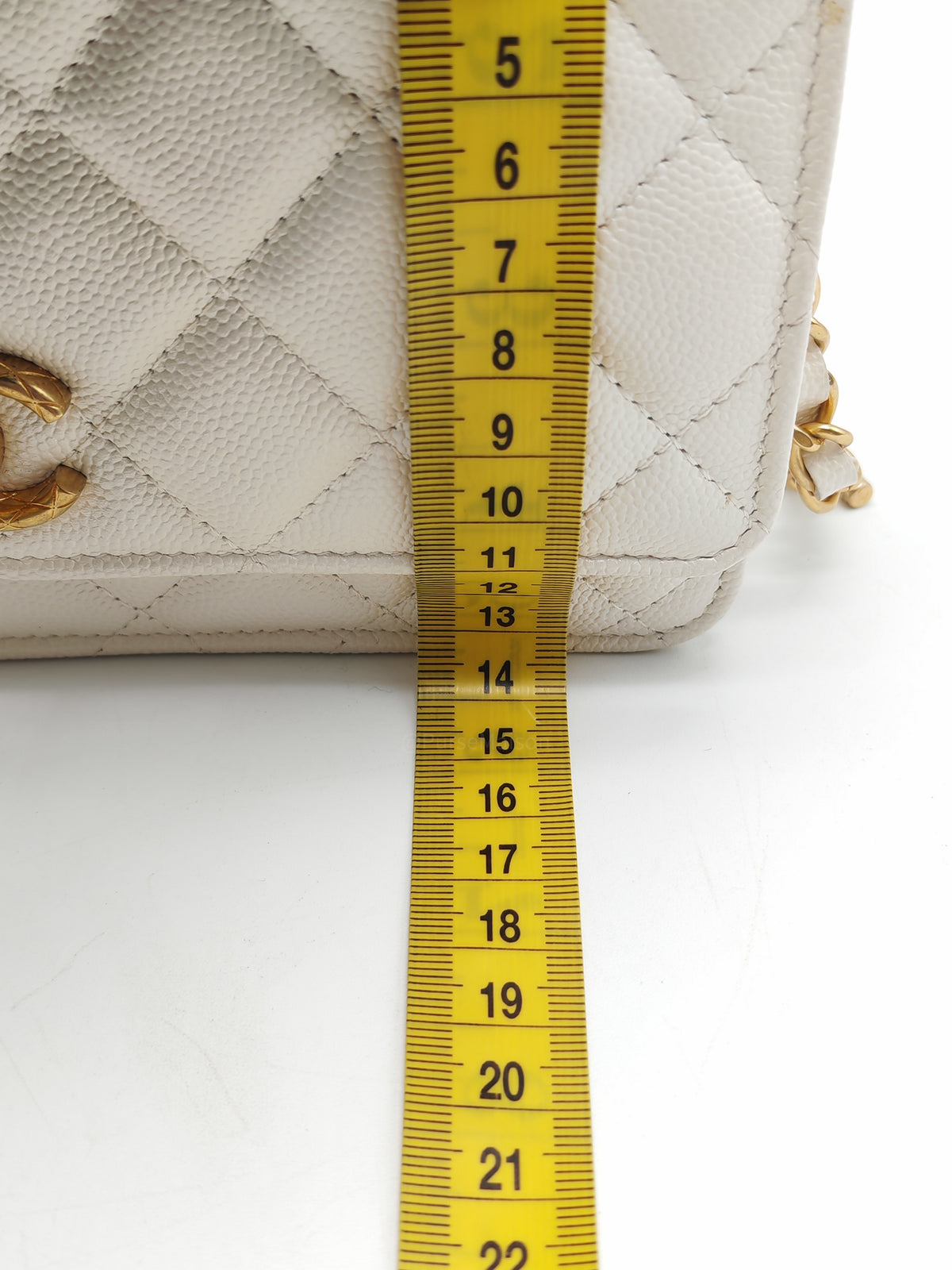 Chanel Turning Lock Wallet on Chain (WOC) in White Iridescent Caviar Leather Aged Gold Hardware (Microchip) | Purse Maison Luxury Bags Shop