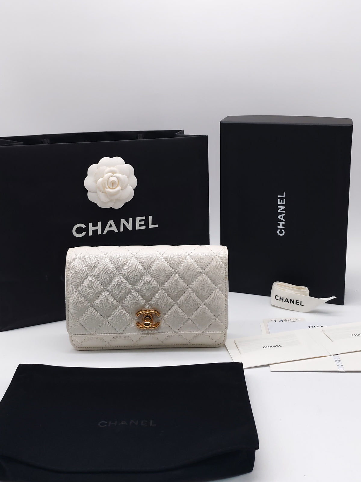 Chanel Turning Lock Wallet on Chain (WOC) in White Iridescent Caviar Leather Aged Gold Hardware (Microchip) | Purse Maison Luxury Bags Shop