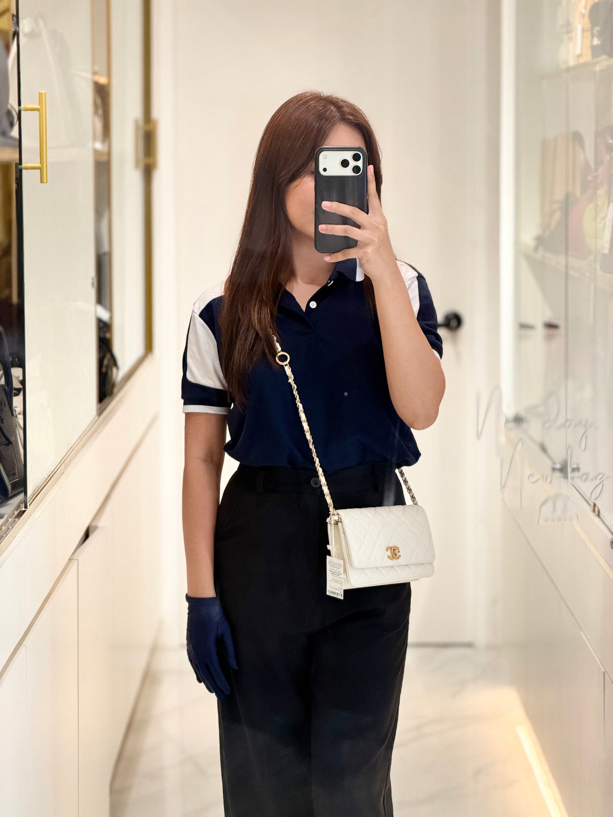 Chanel Turning Lock Wallet on Chain (WOC) in White Iridescent Caviar Leather Aged Gold Hardware (Microchip) | Purse Maison Luxury Bags Shop