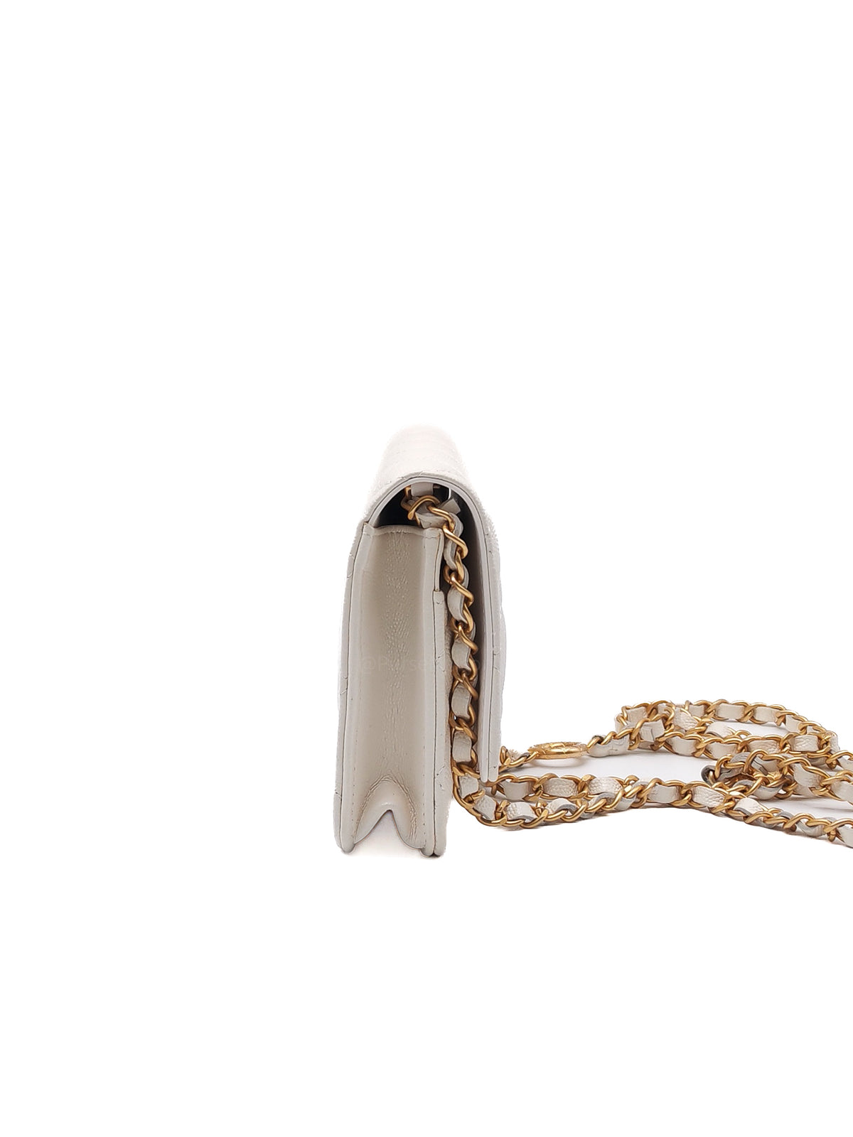 Chanel Turning Lock Wallet on Chain (WOC) in White Iridescent Caviar Leather Aged Gold Hardware (Microchip) | Purse Maison Luxury Bags Shop