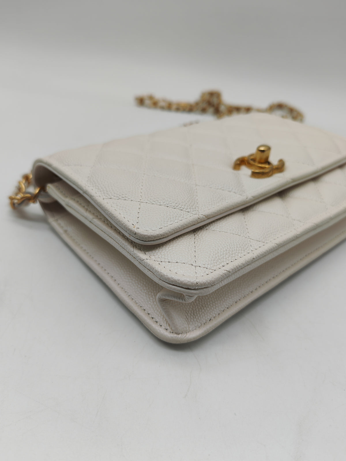 Chanel Turning Lock Wallet on Chain (WOC) in White Iridescent Caviar Leather Aged Gold Hardware (Microchip) | Purse Maison Luxury Bags Shop
